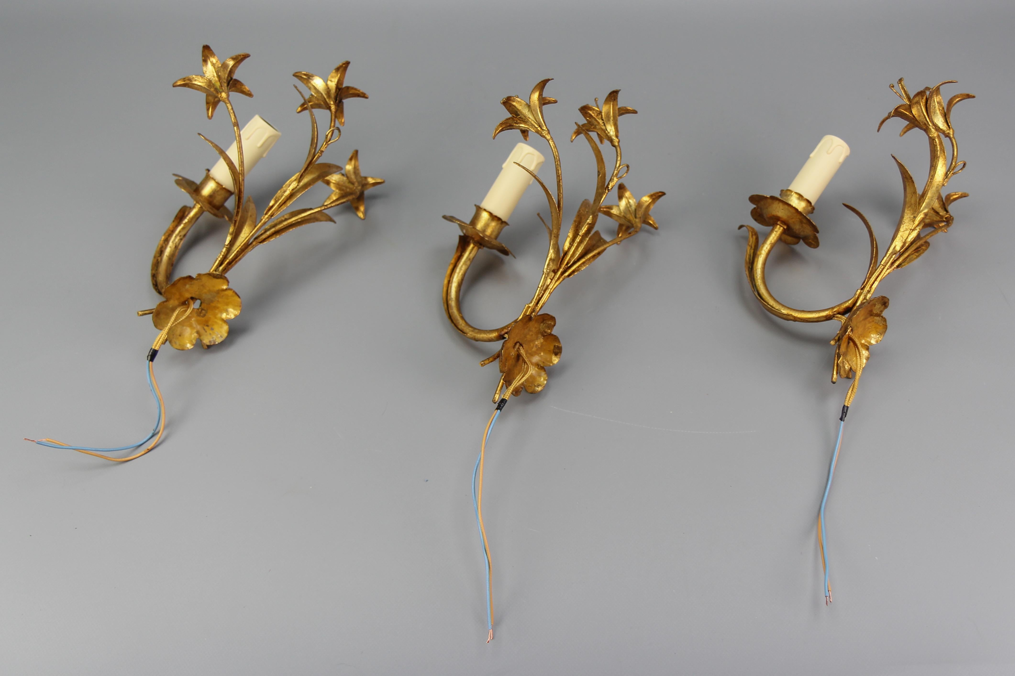 Hollywood Regency Style French Gilt Metal Lily Flower Wall Sconces, Set of Three 7