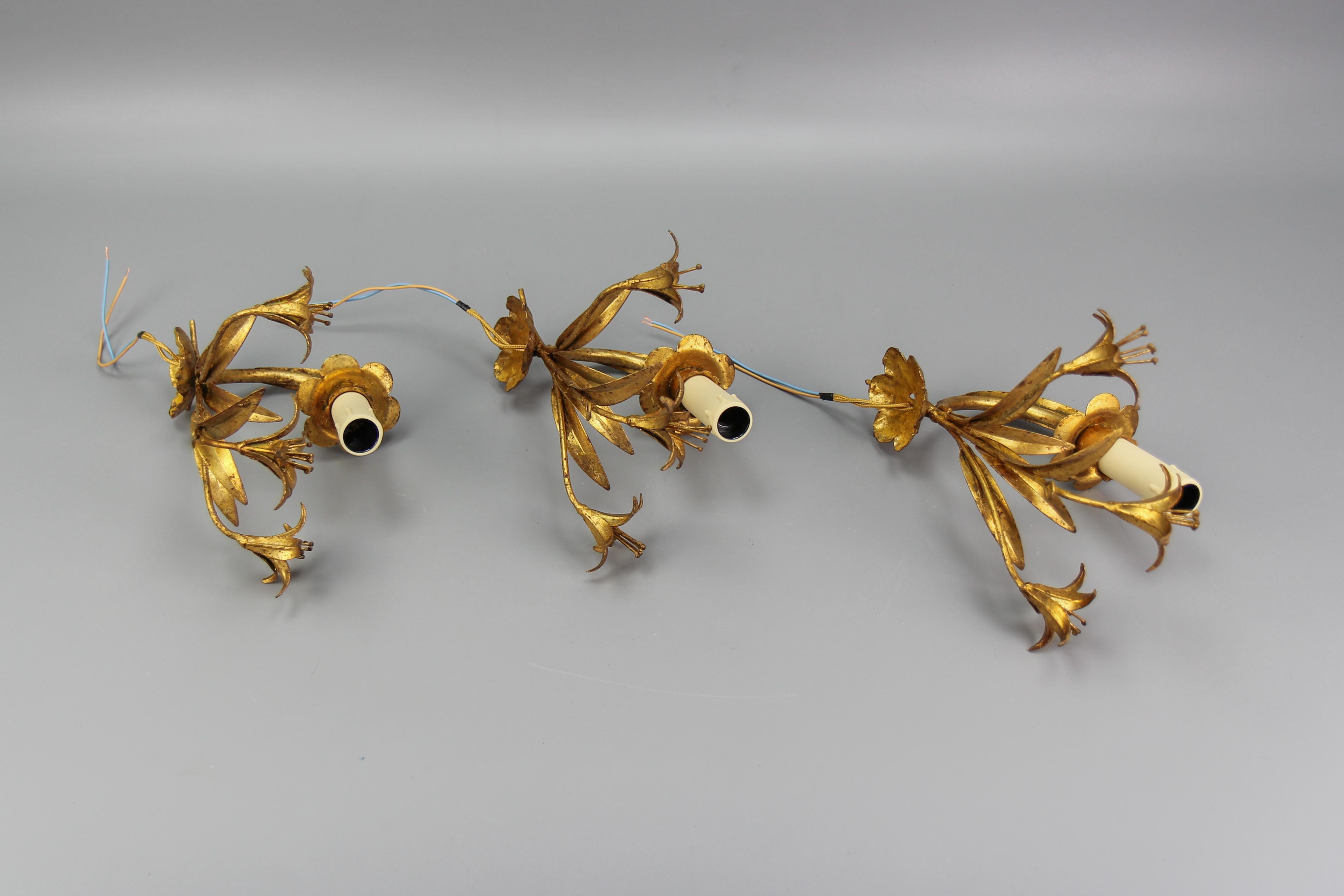 Hollywood Regency Style French Gilt Metal Lily Flower Wall Sconces, Set of Three 8
