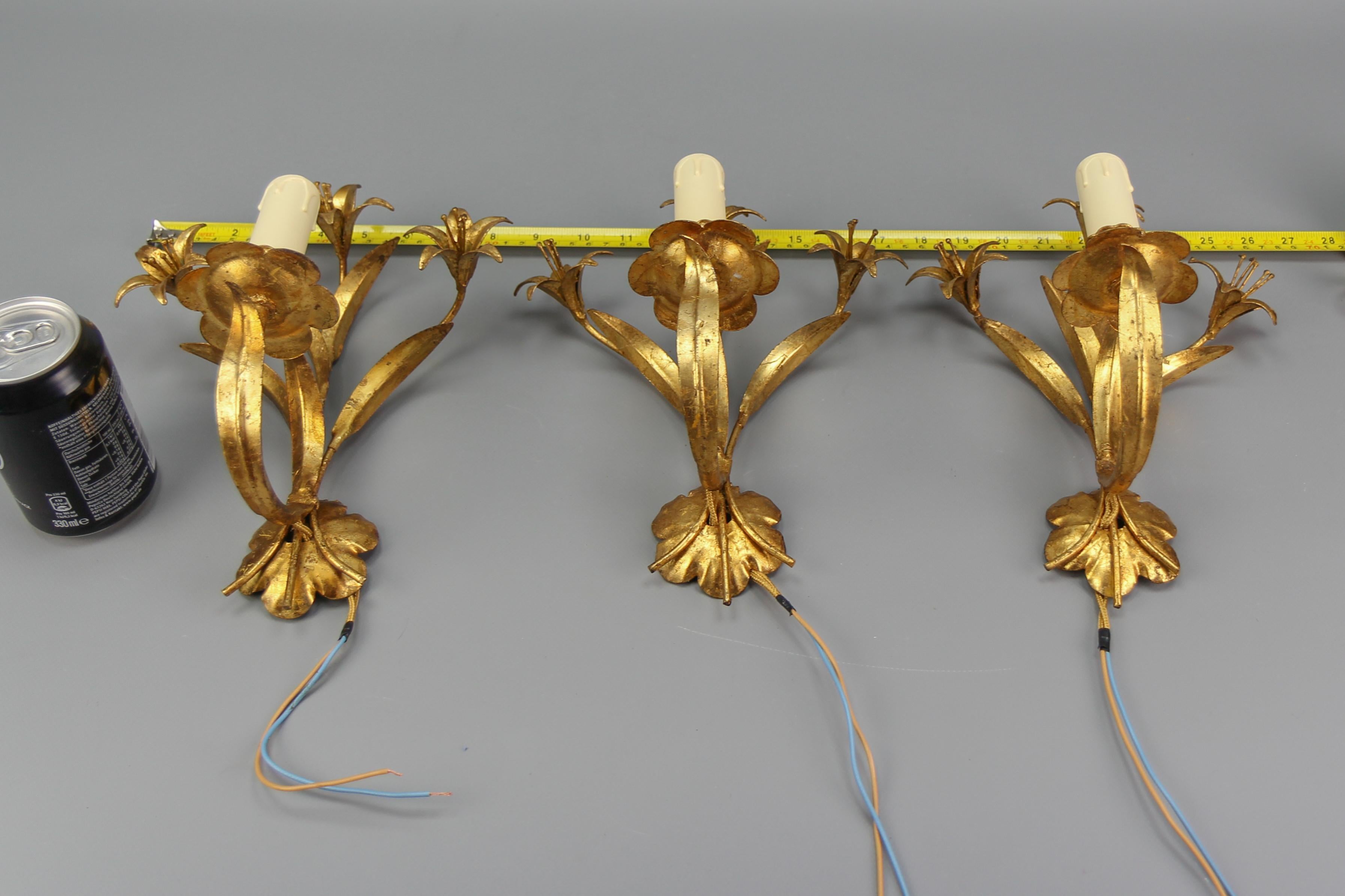Hollywood Regency Style French Gilt Metal Lily Flower Wall Sconces, Set of Three 10