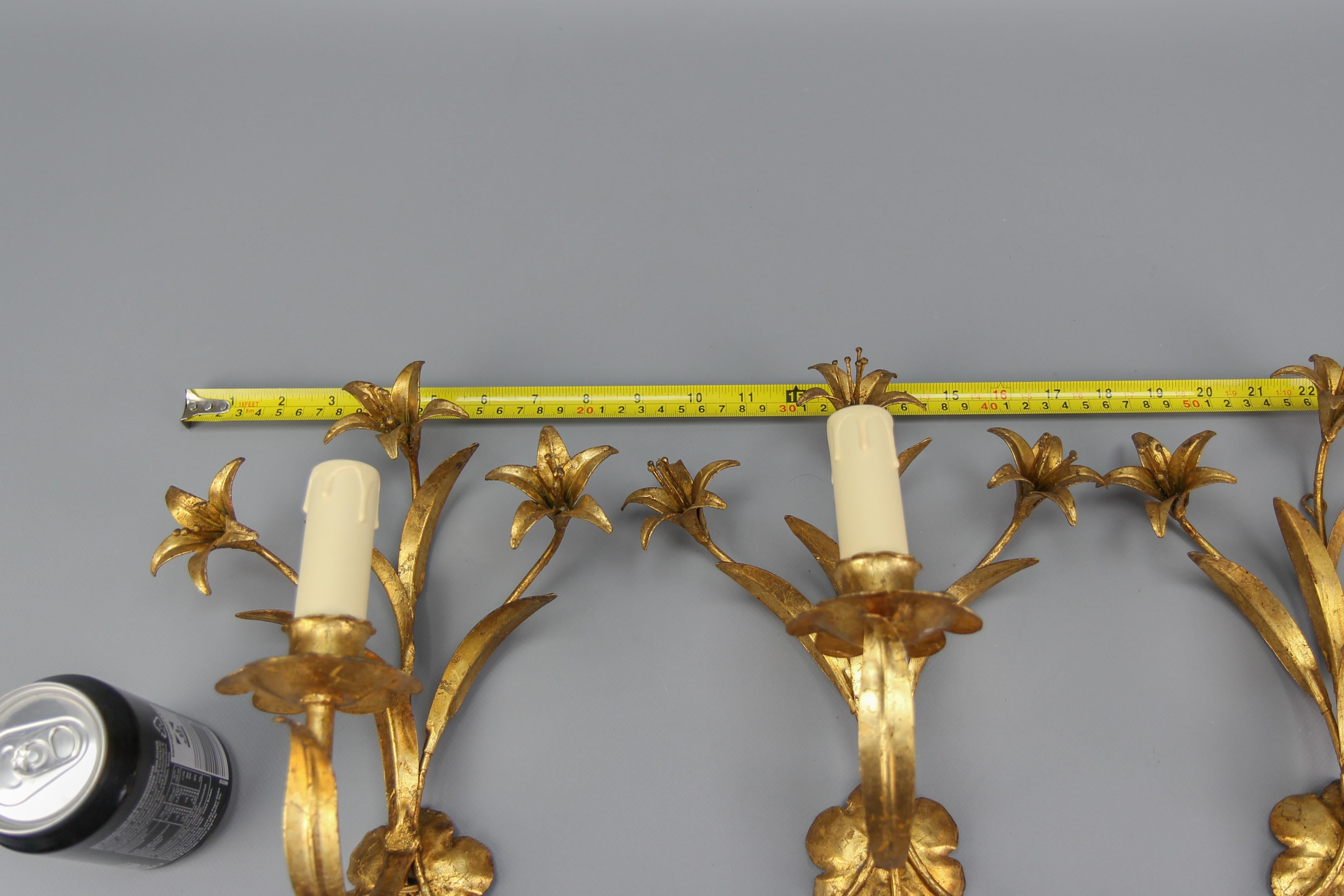 Hollywood Regency Style French Gilt Metal Lily Flower Wall Sconces, Set of Three 11