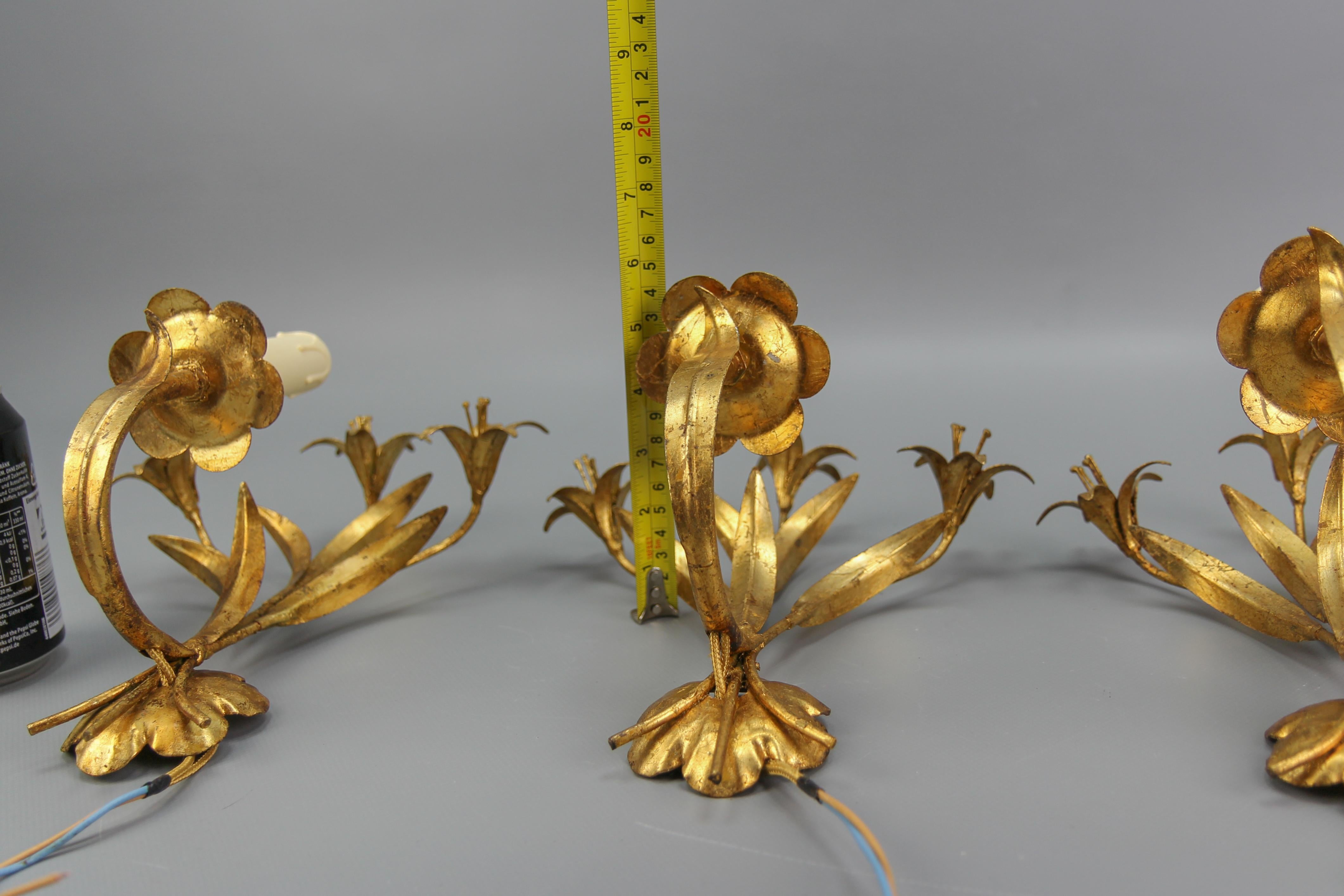 Hollywood Regency Style French Gilt Metal Lily Flower Wall Sconces, Set of Three 12