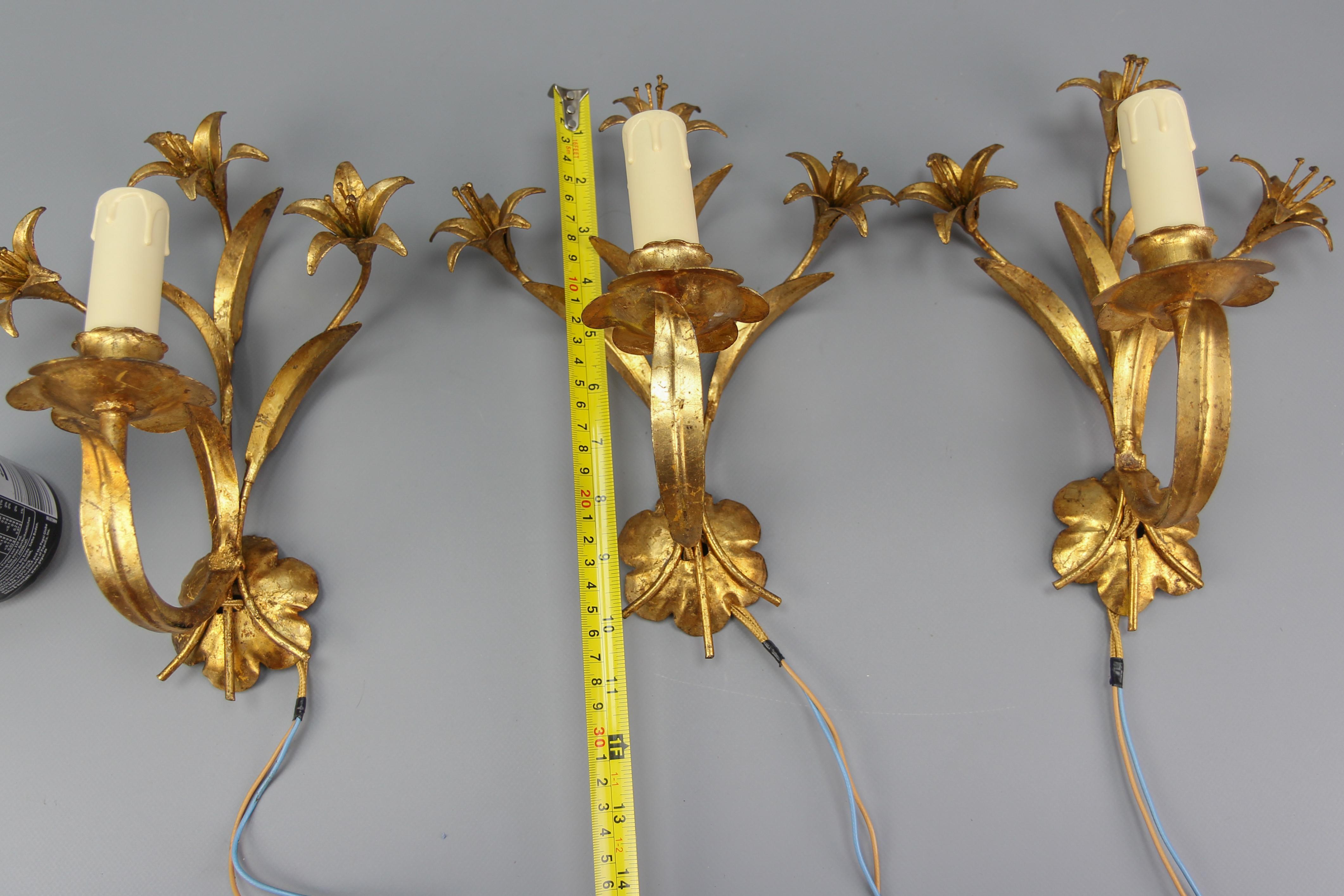 Hollywood Regency Style French Gilt Metal Lily Flower Wall Sconces, Set of Three 13