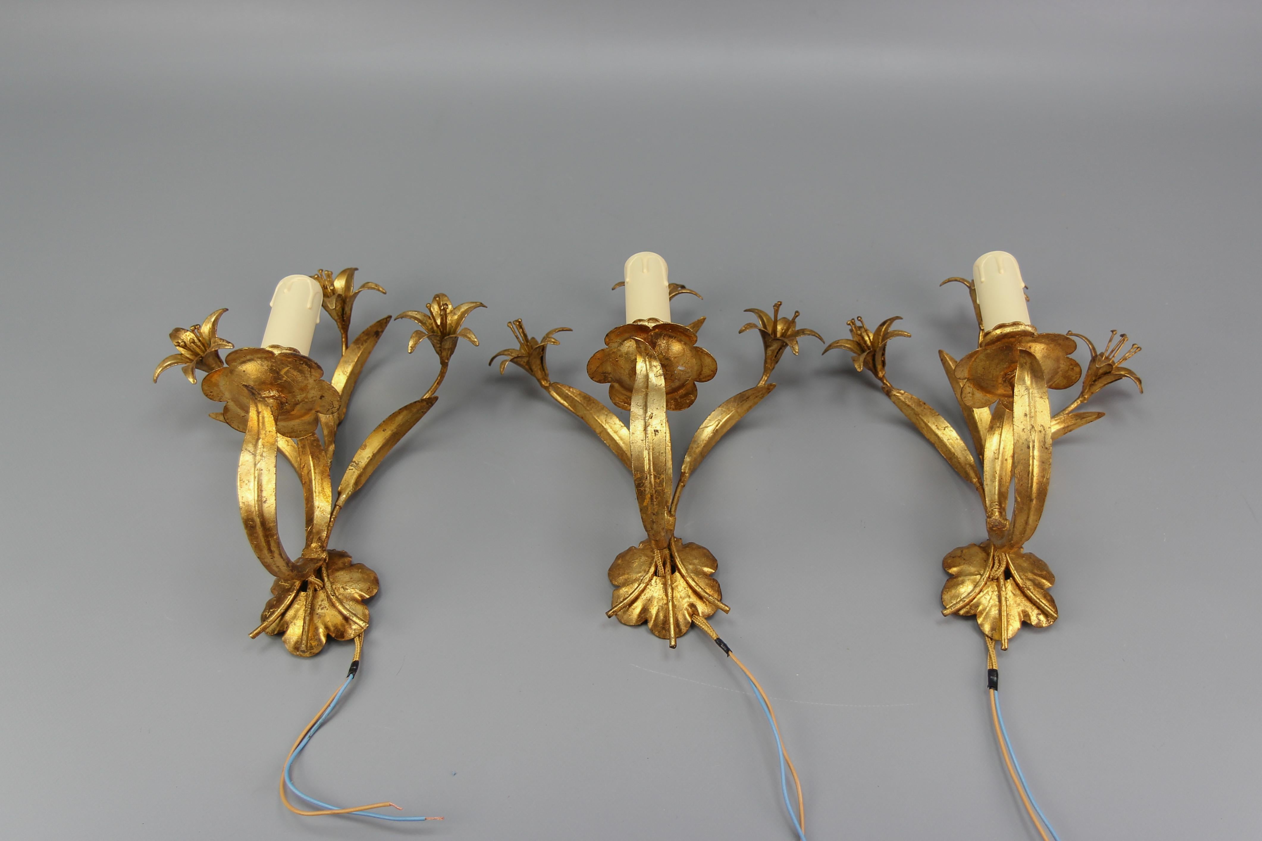 Hollywood Regency Style French Gilt Metal Lily Flower Wall Sconces, Set of Three 14