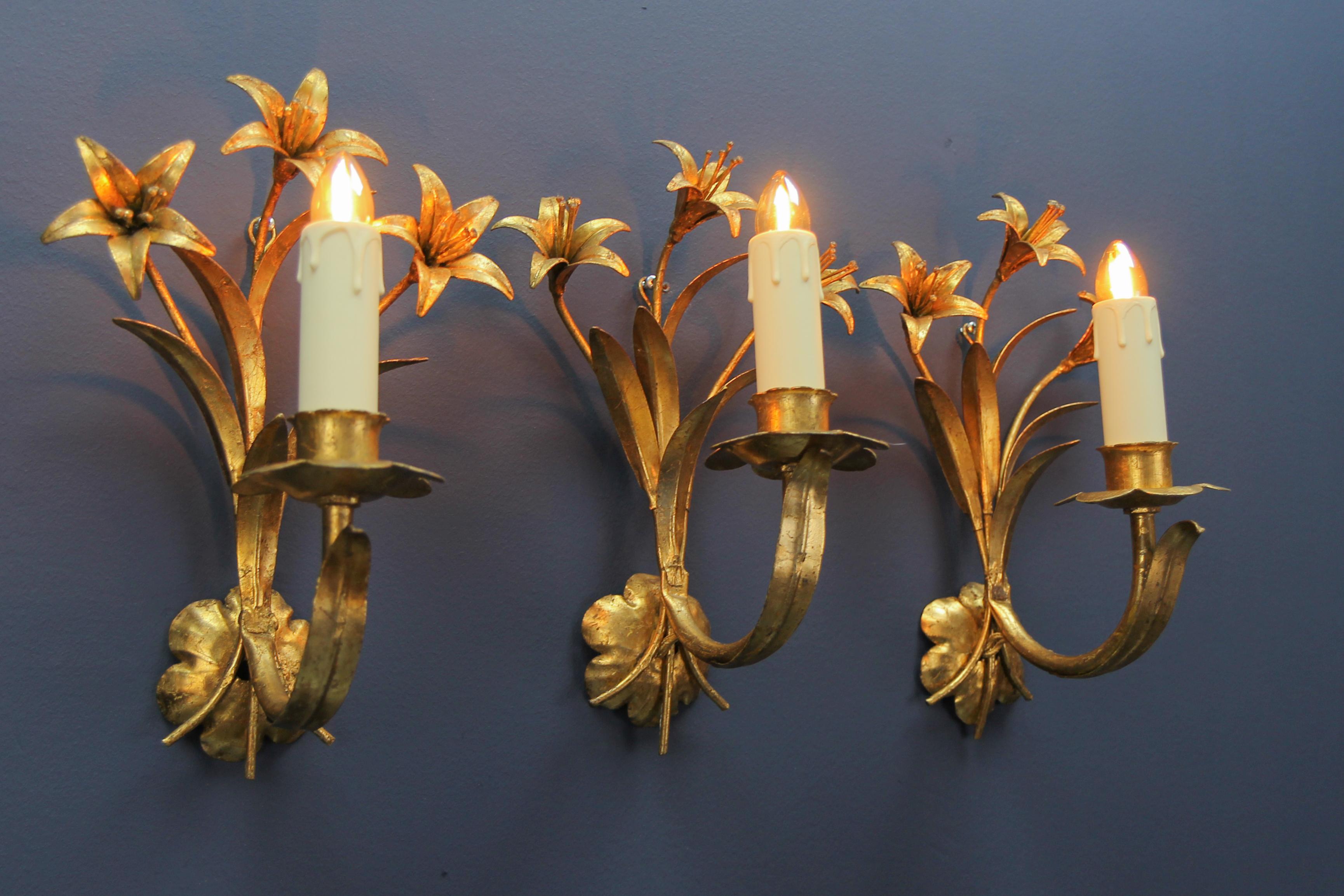Hollywood Regency Style French Gilt Metal Lily Flower Wall Sconces, Set of Three 1