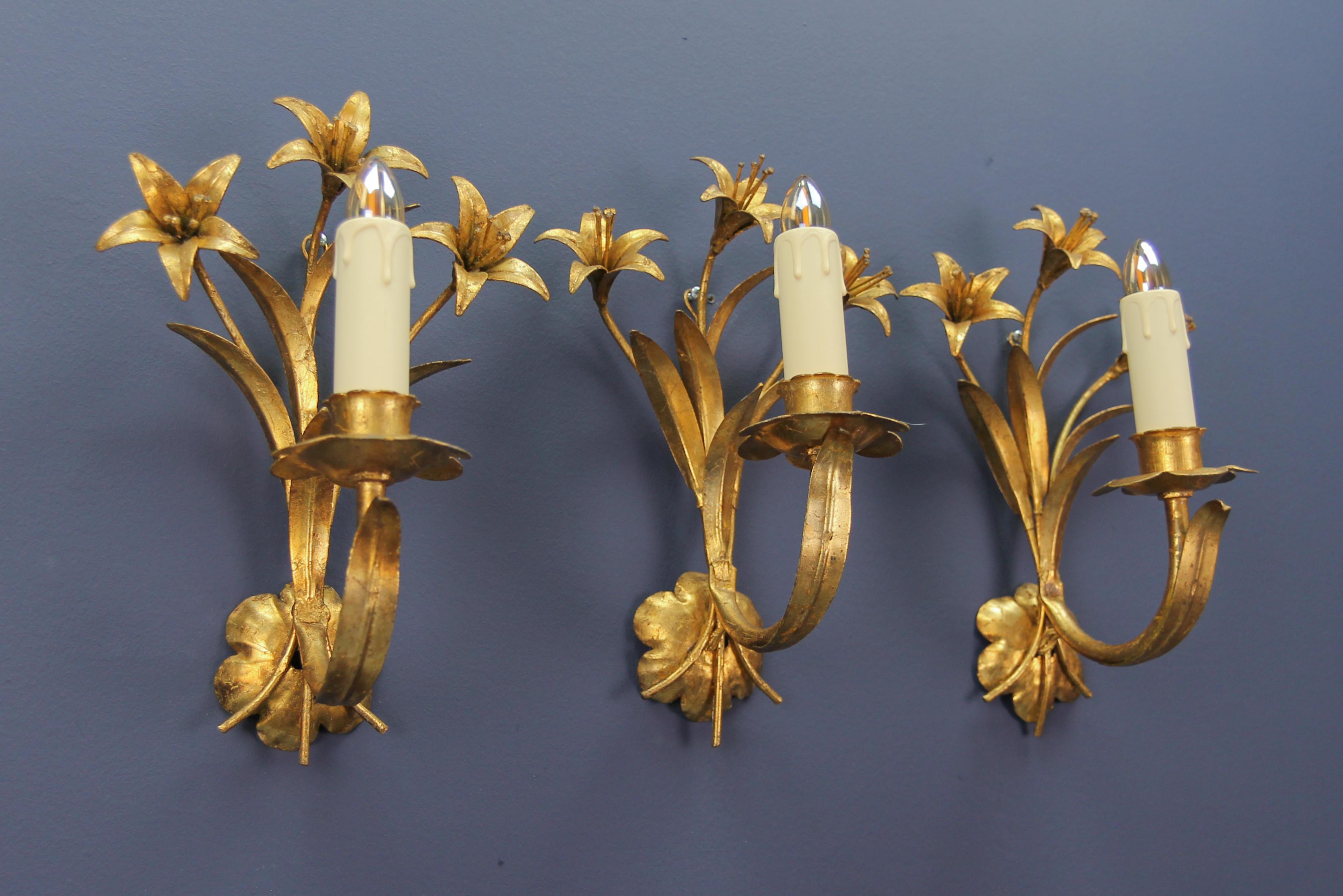 Hollywood Regency Style French Gilt Metal Lily Flower Wall Sconces, Set of Three 2
