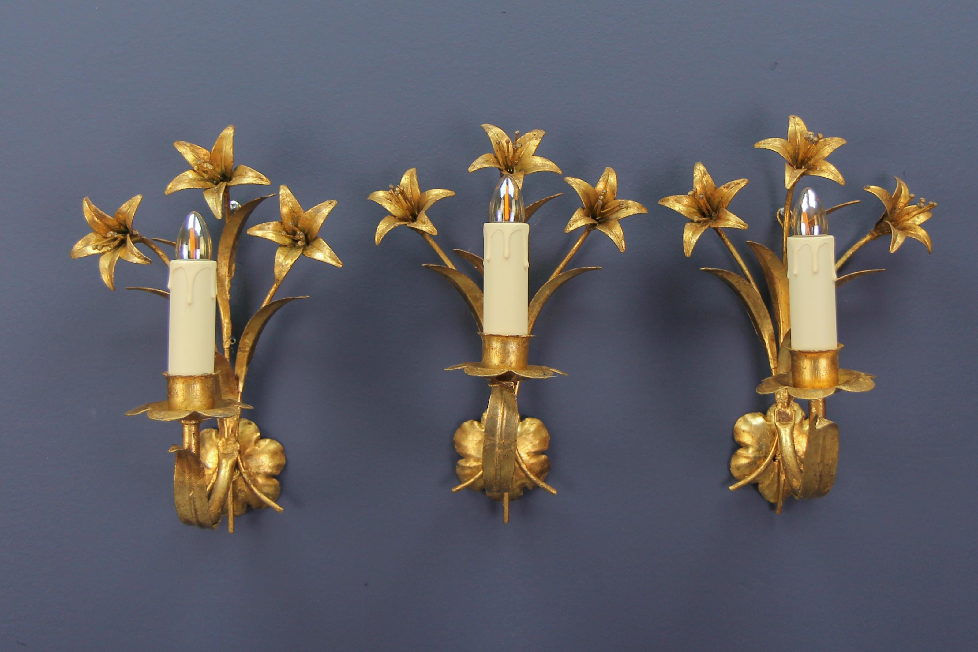 Hollywood Regency Style French Gilt Metal Lily Flower Wall Sconces, Set of Three 3
