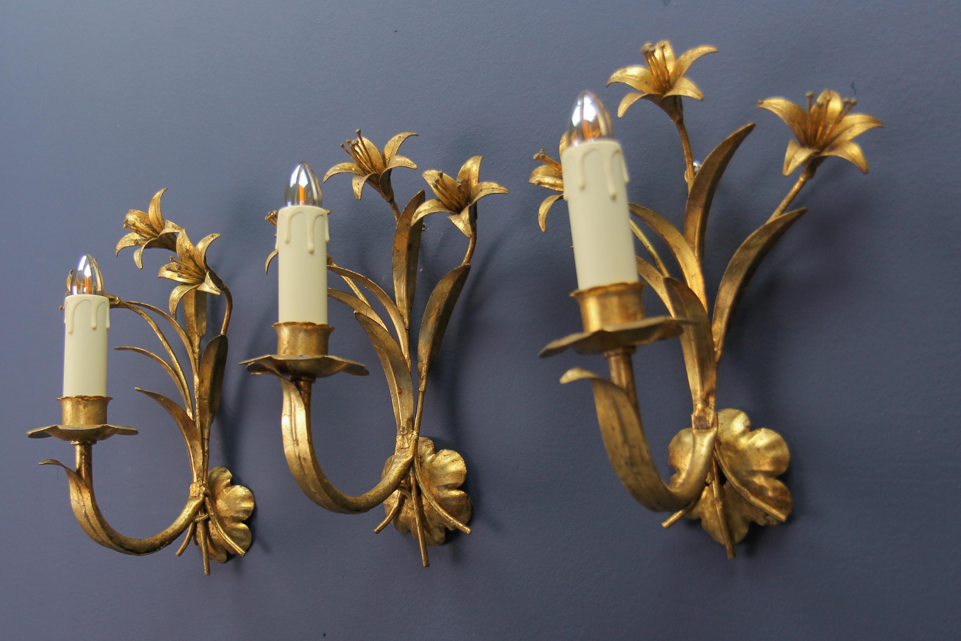 Hollywood Regency Style French Gilt Metal Lily Flower Wall Sconces, Set of Three 4