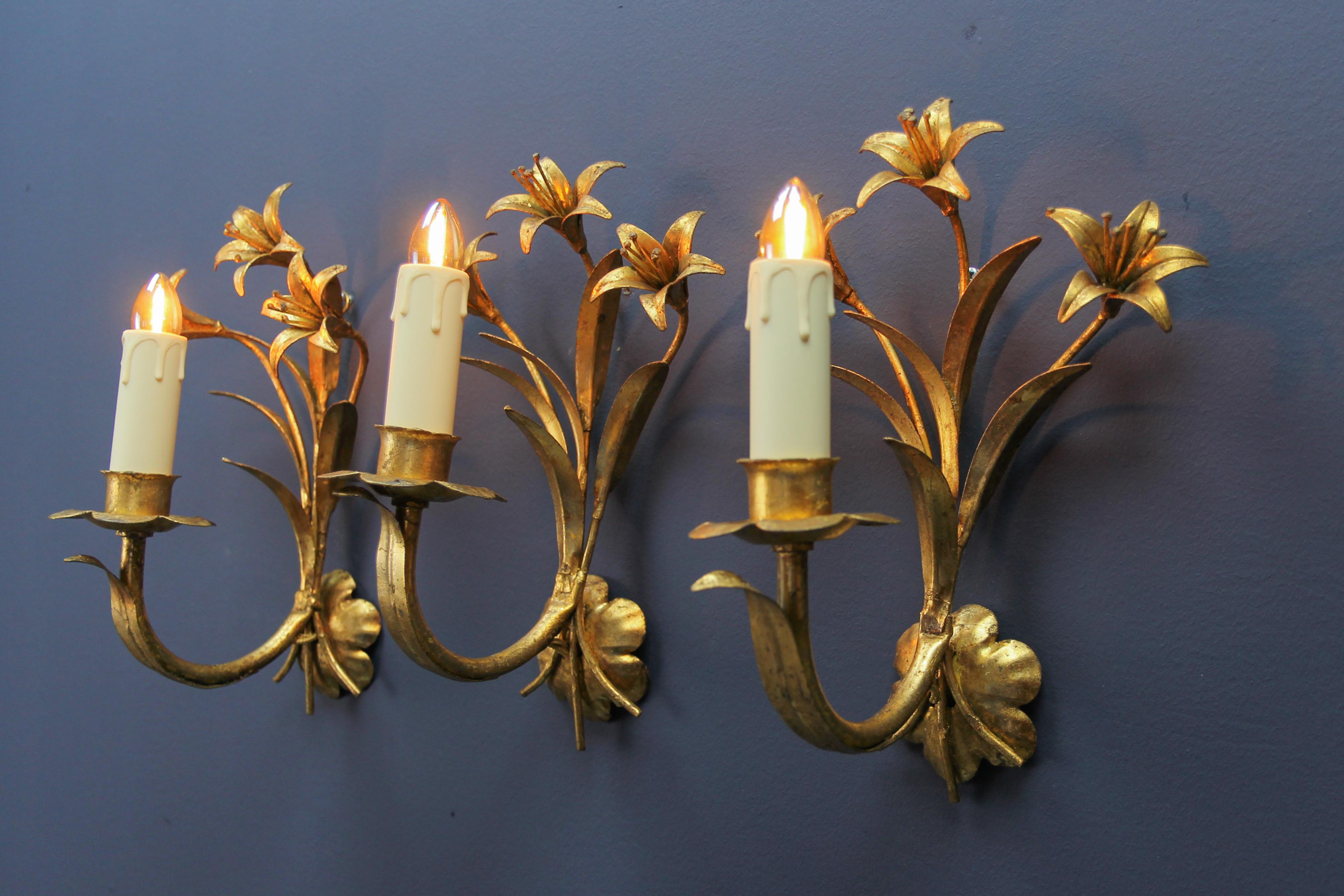 Hollywood Regency Style French Gilt Metal Lily Flower Wall Sconces, Set of Three 5