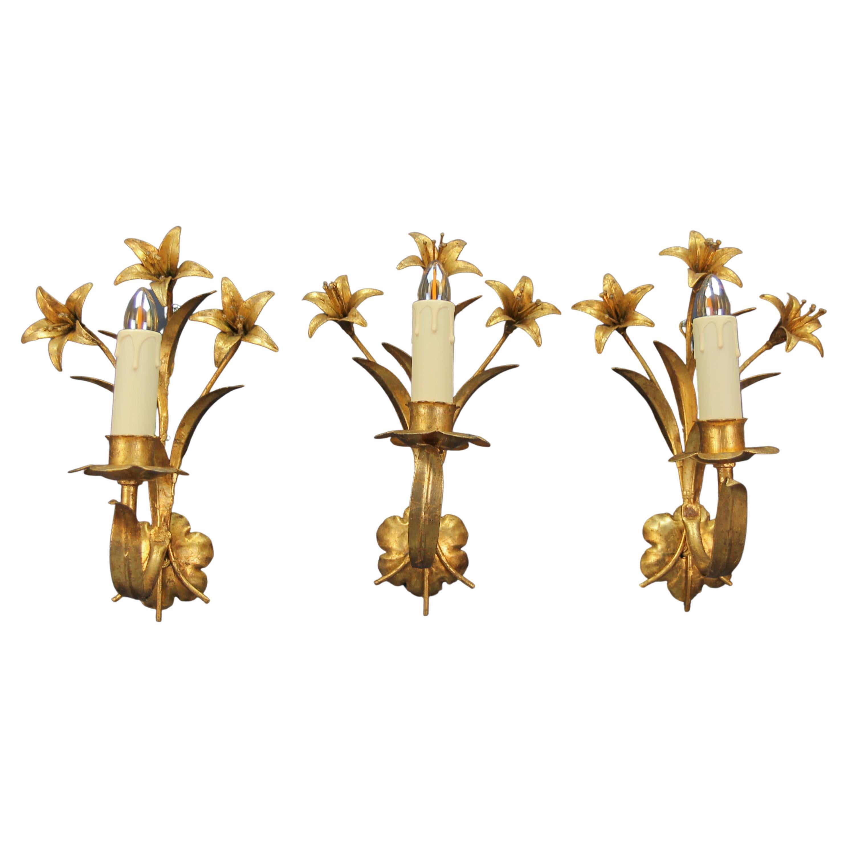 Hollywood Regency Style French Gilt Metal Lily Flower Wall Sconces, Set of Three