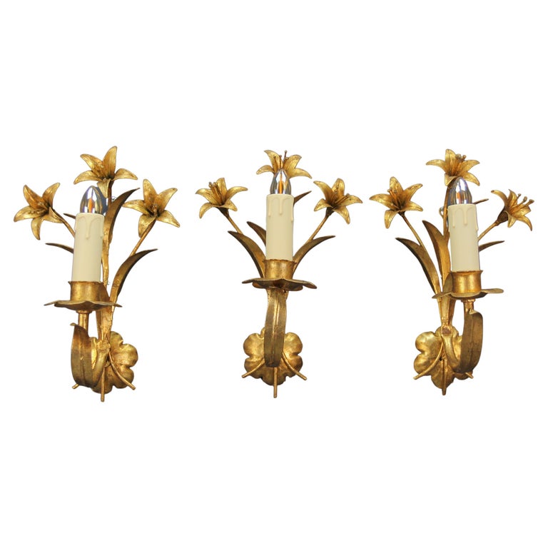 Hollywood Regency Style French Gilt Metal Lily Flower Wall Sconces, Set ...