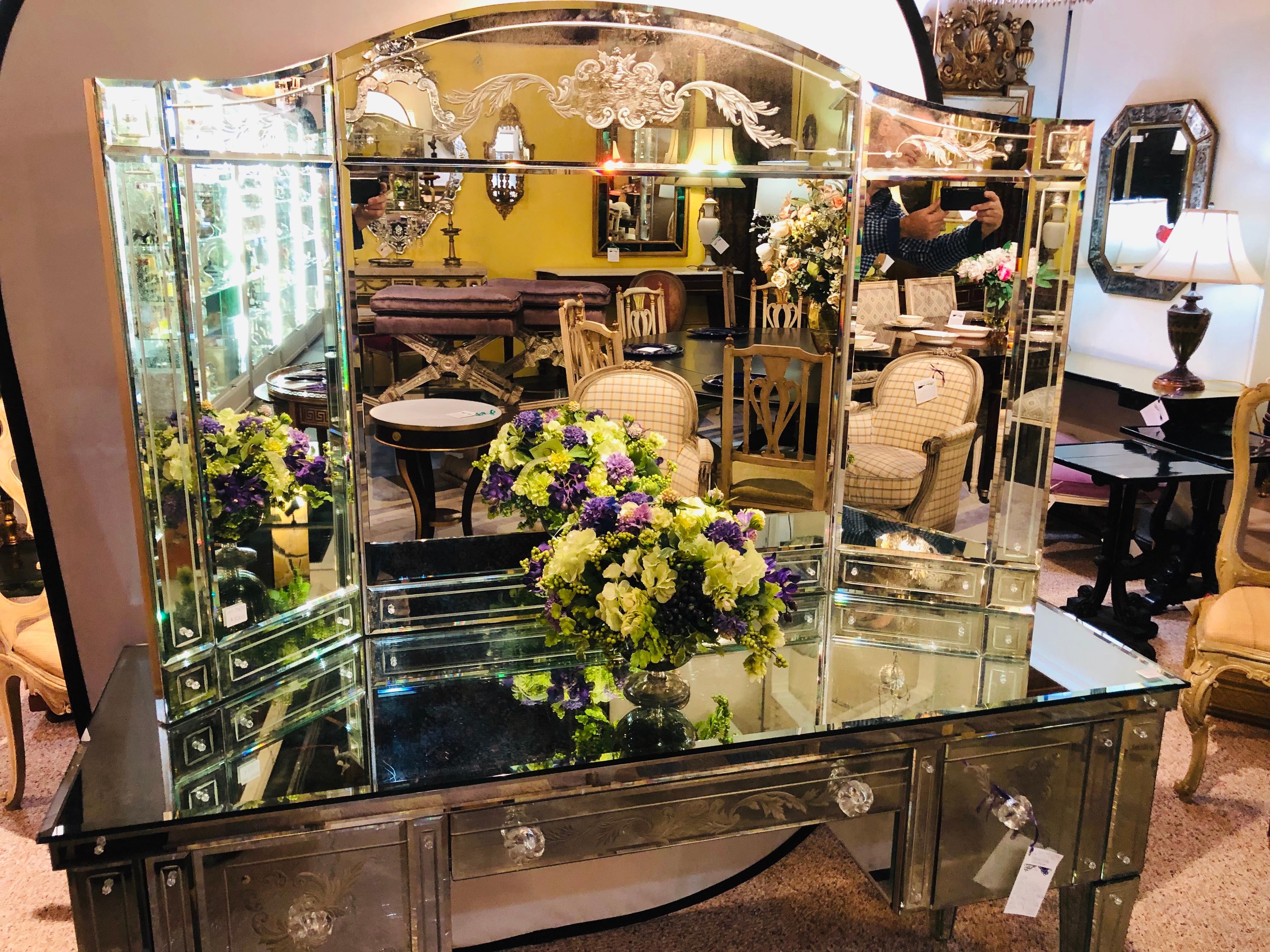 20th Century Hollywood Regency Style Gilt Etched Glass Tri-Fold Large Vanity or Desk Mirror