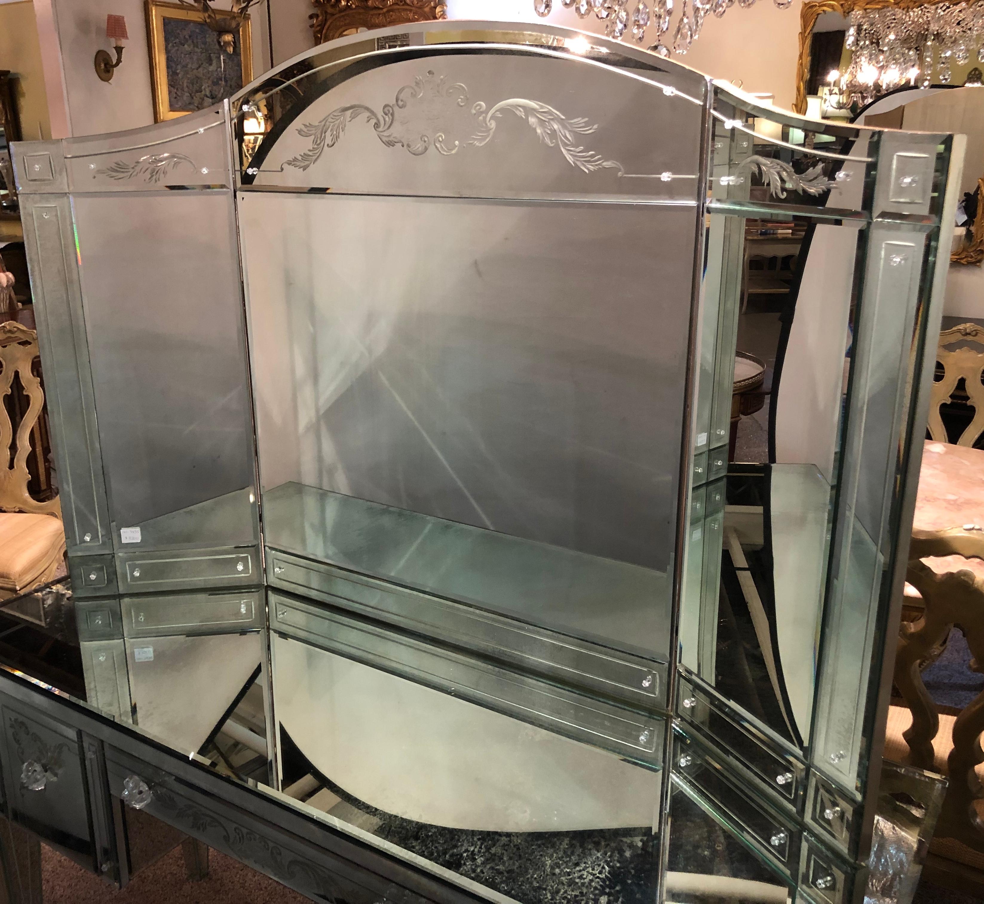 Hollywood Regency Style Gilt Etched Glass Tri-Fold Large Vanity or Desk Mirror 1