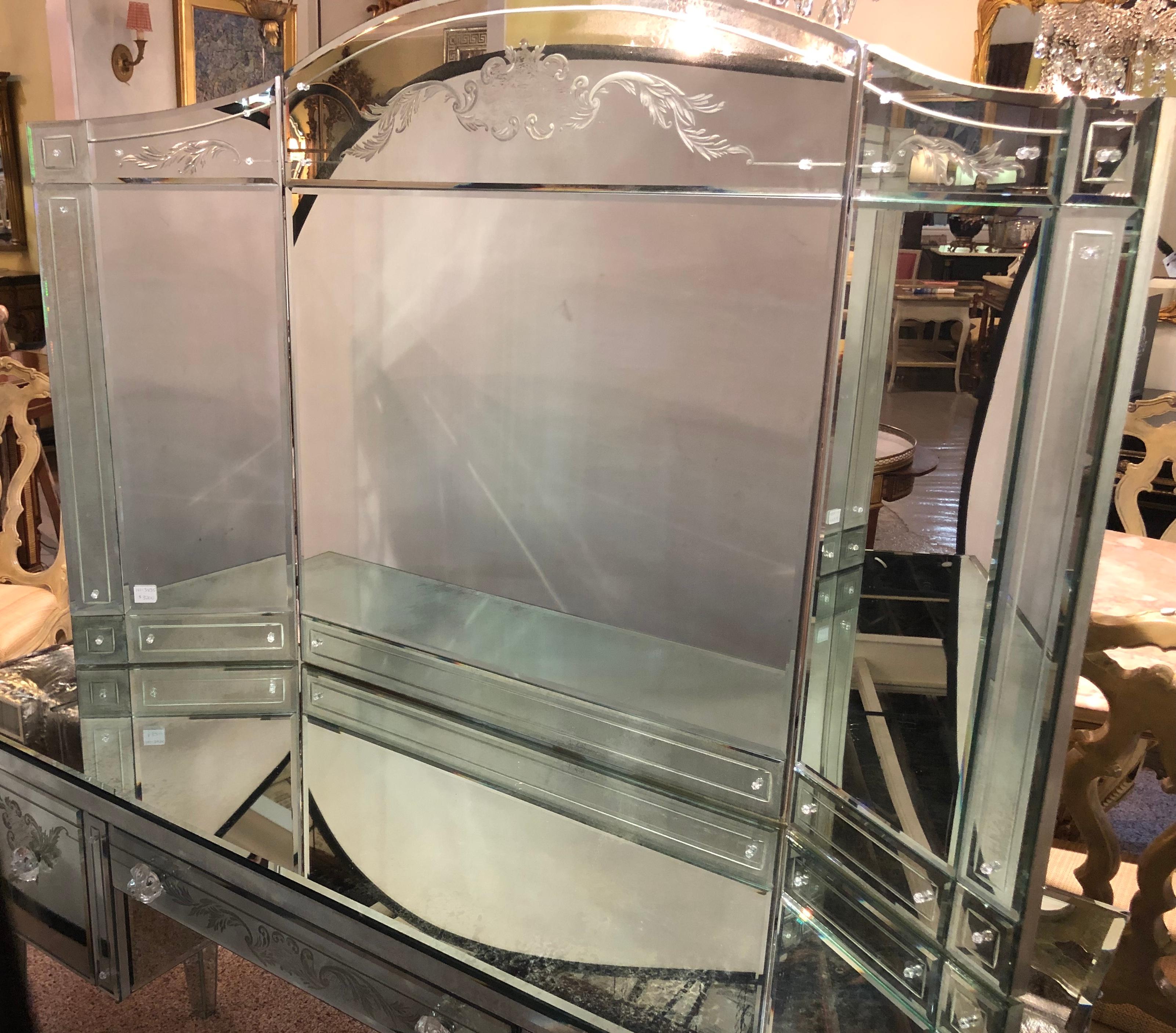Hollywood Regency Style Gilt Etched Glass Tri-Fold Large Vanity or Desk Mirror 2