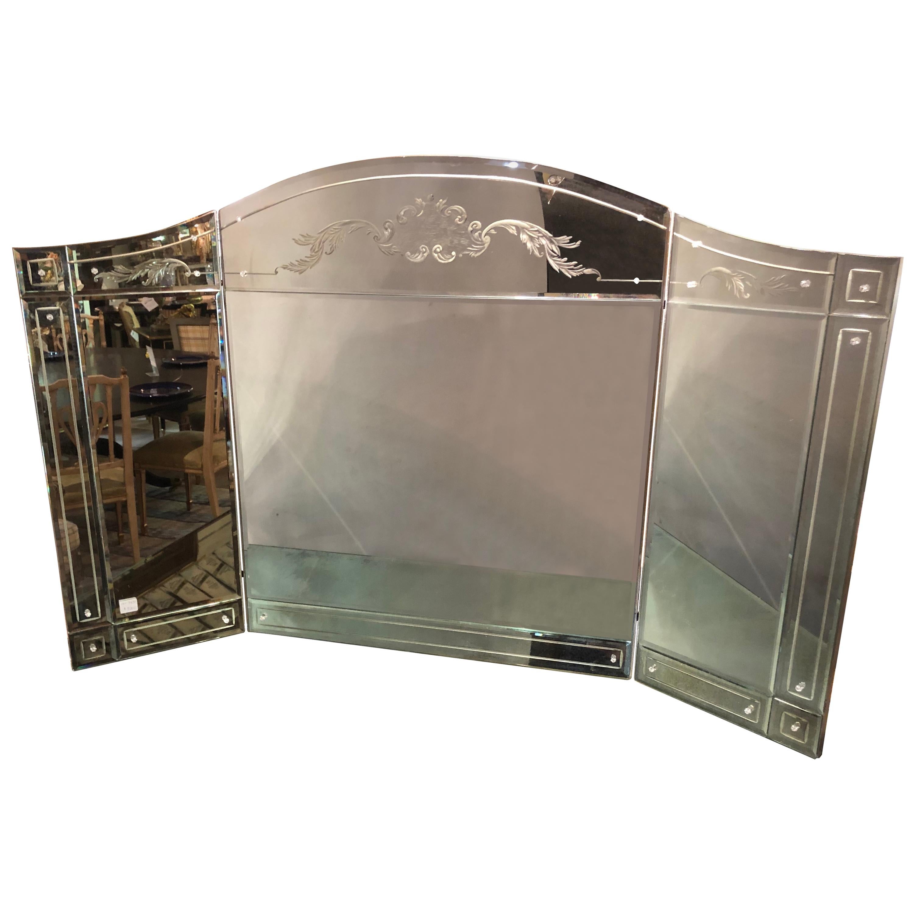 Hollywood Regency Style Gilt Etched Glass Tri-Fold Large Vanity or Desk Mirror