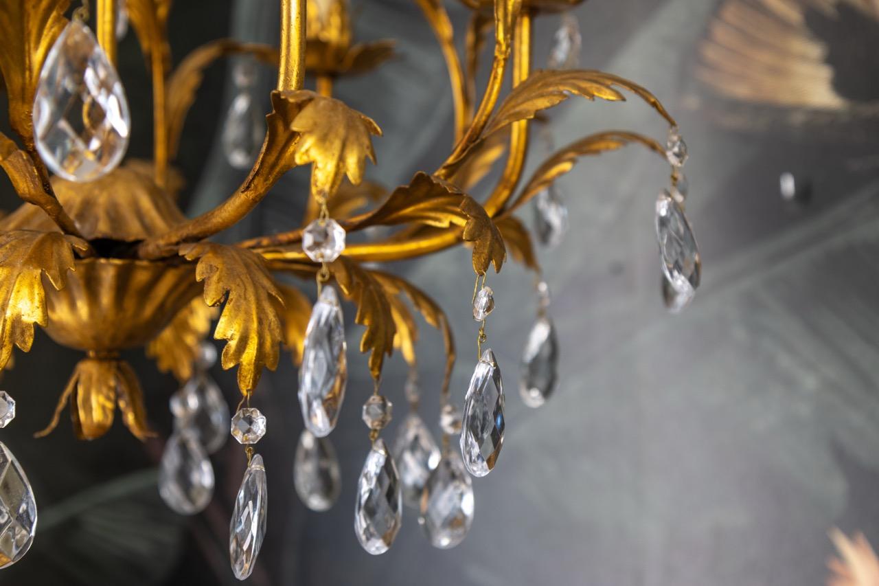 Hollywood Regency Style Gilt Metal and Crystal Glass Six-Light Chandelier, Italy For Sale 5