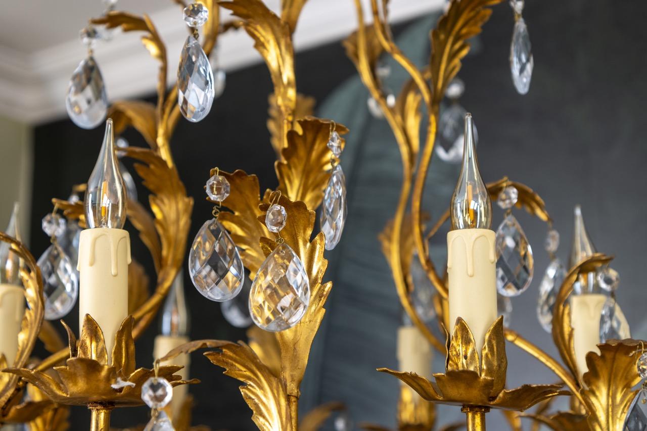 Hollywood Regency Style Gilt Metal and Crystal Glass Six-Light Chandelier, Italy For Sale 6