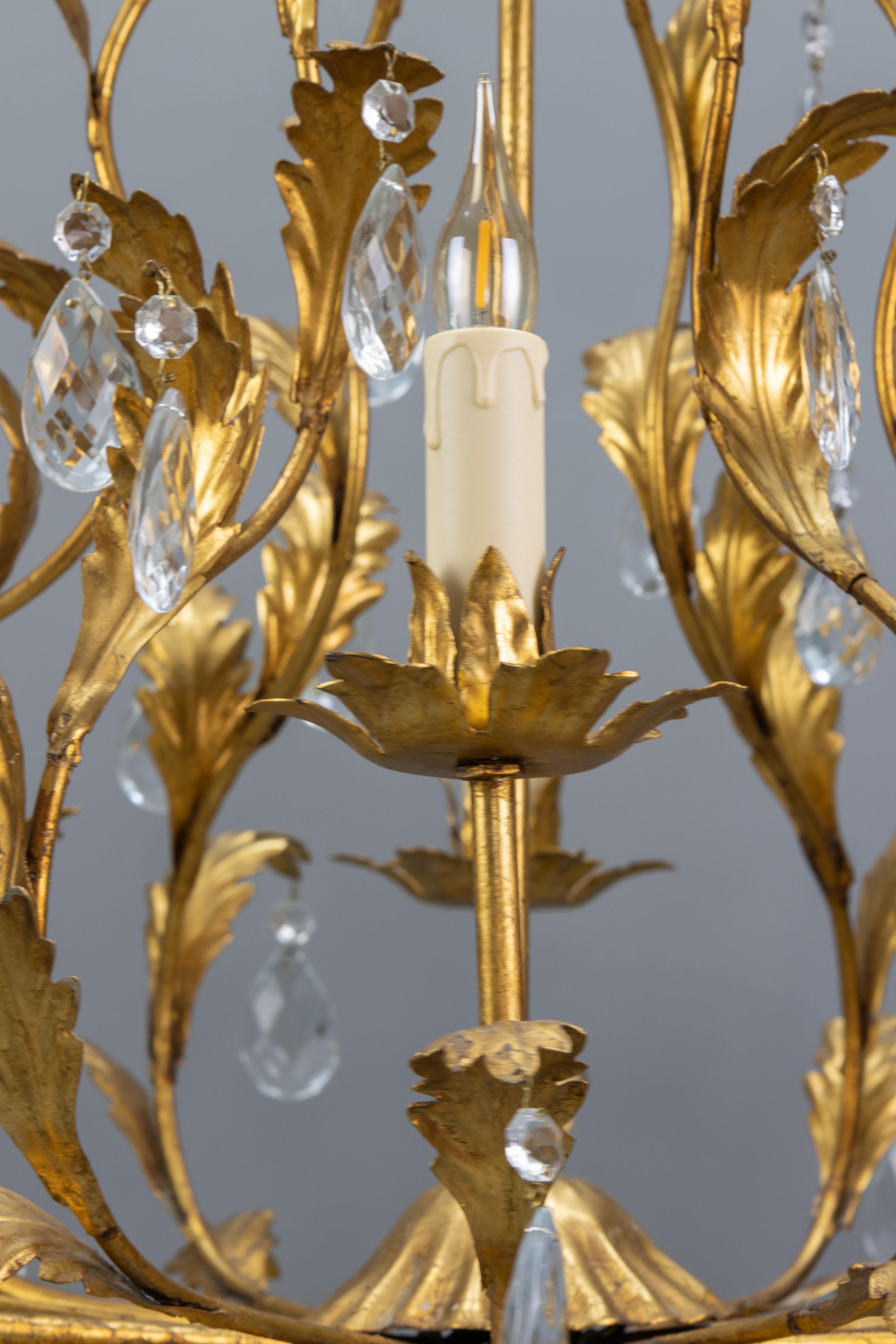 Hollywood Regency Style Gilt Metal and Crystal Glass Six-Light Chandelier, Italy For Sale 7
