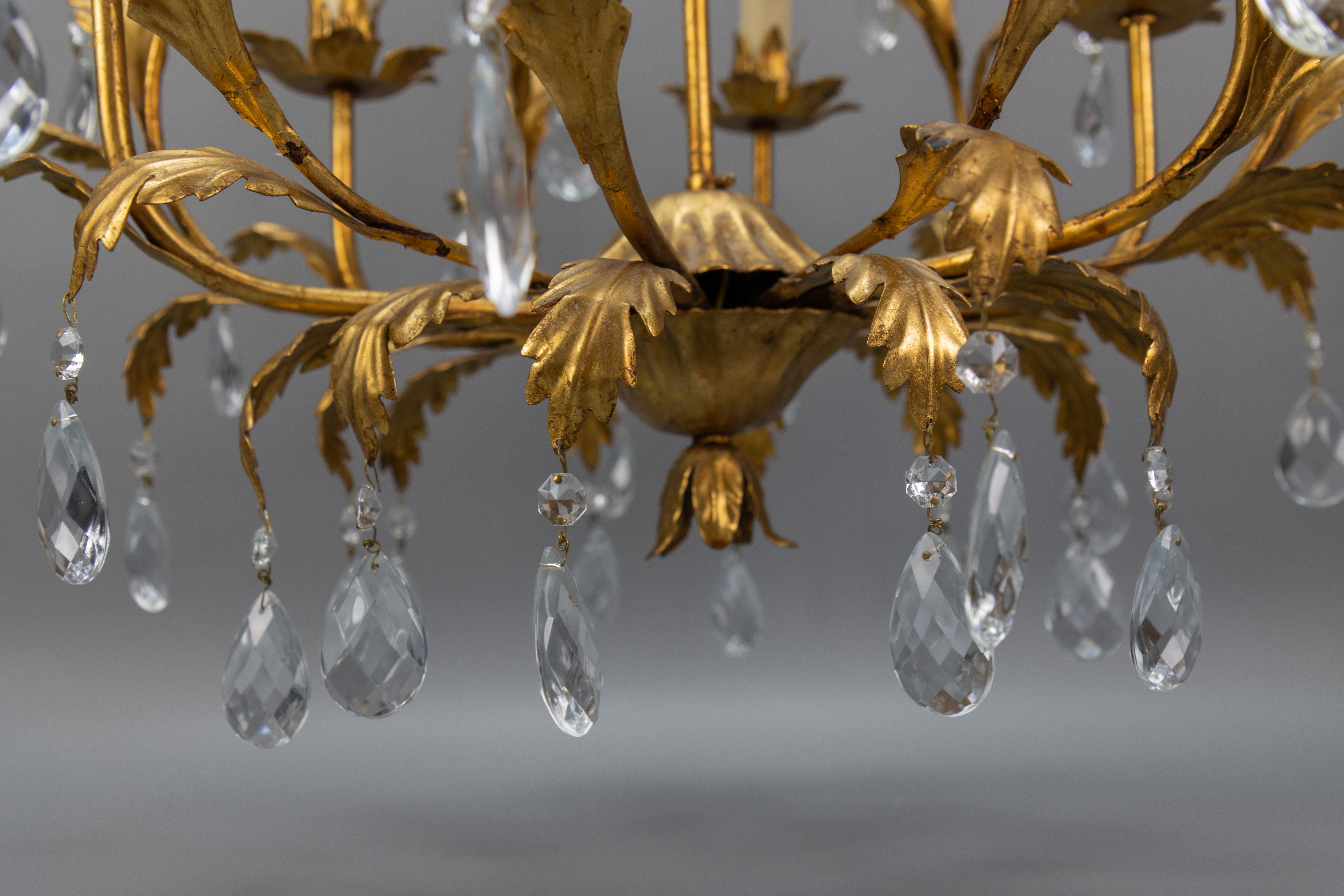 Hollywood Regency Style Gilt Metal and Crystal Glass Six-Light Chandelier, Italy For Sale 8