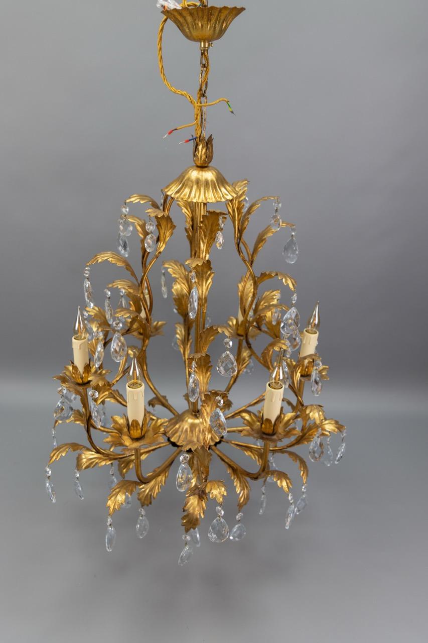 Hollywood Regency Style Gilt Metal and Crystal Glass Six-Light Chandelier, Italy For Sale 10