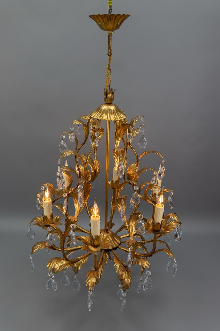 Hollywood Regency Style Gilt Metal and Crystal Glass Six-Light Chandelier, Italy For Sale 11