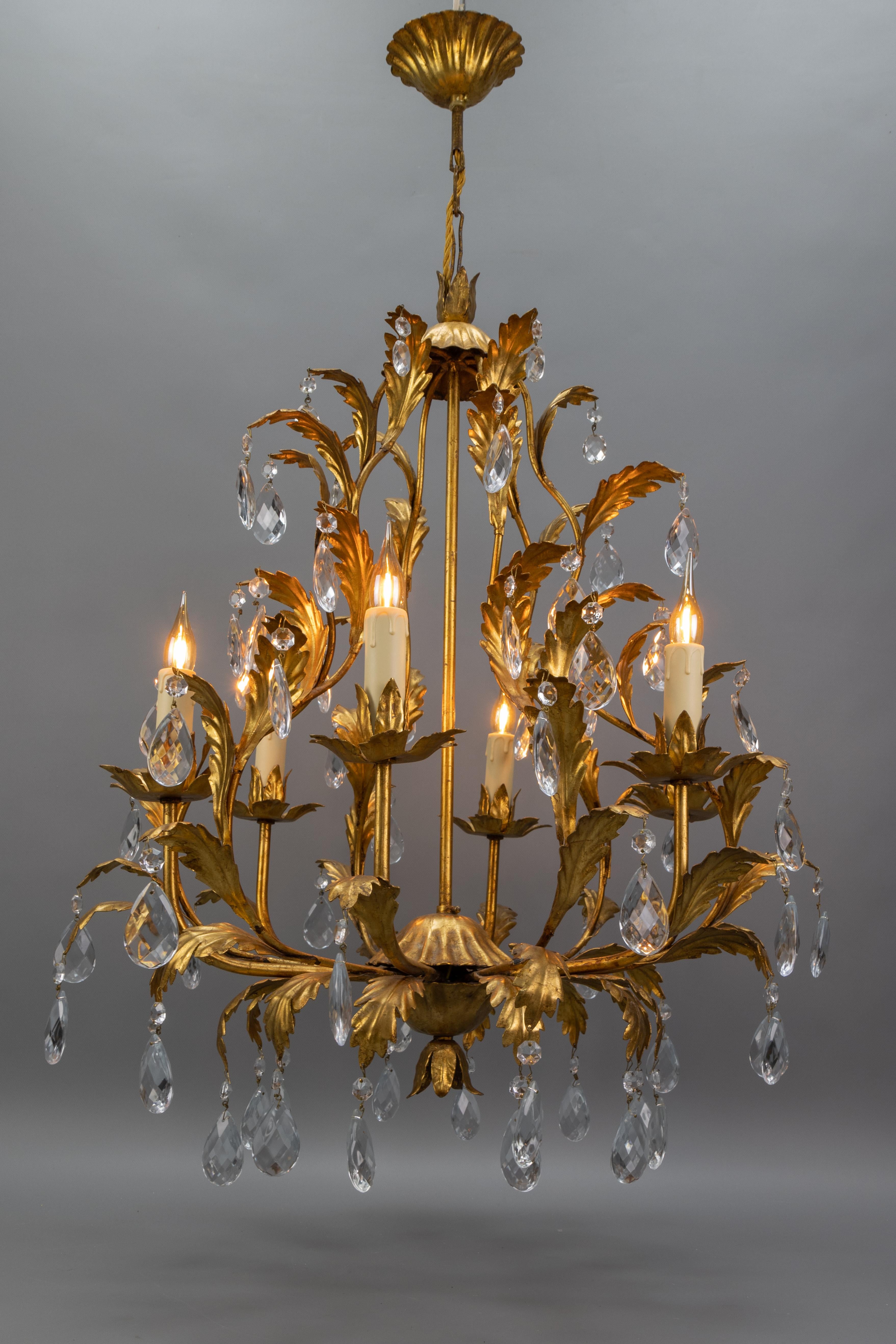 Hollywood Regency Style Gilt Metal and Crystal Glass Six-Light Chandelier, Italy For Sale 12