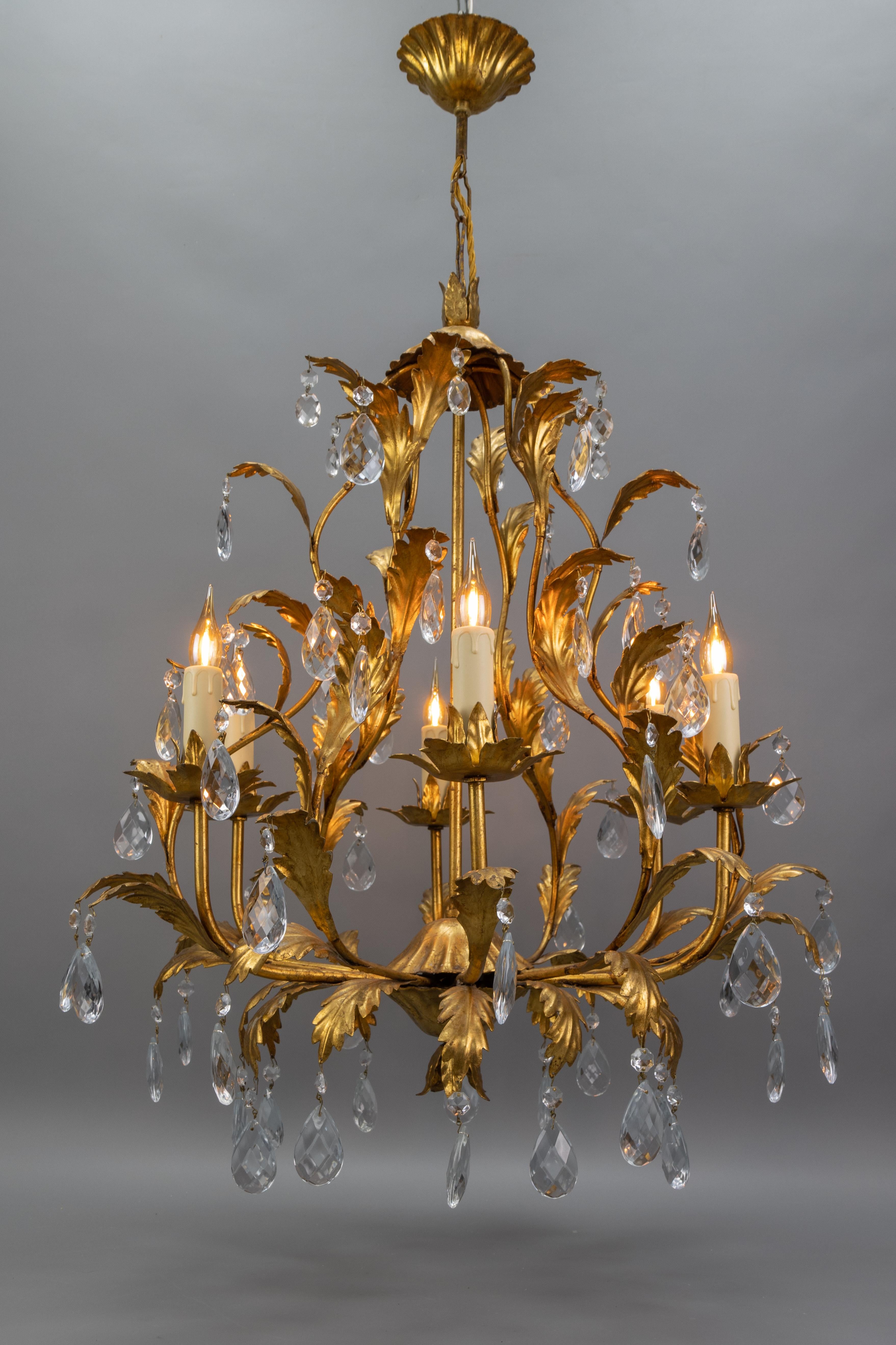 Hollywood Regency Style Gilt Metal and Crystal Glass Six-Light Chandelier, Italy For Sale 13