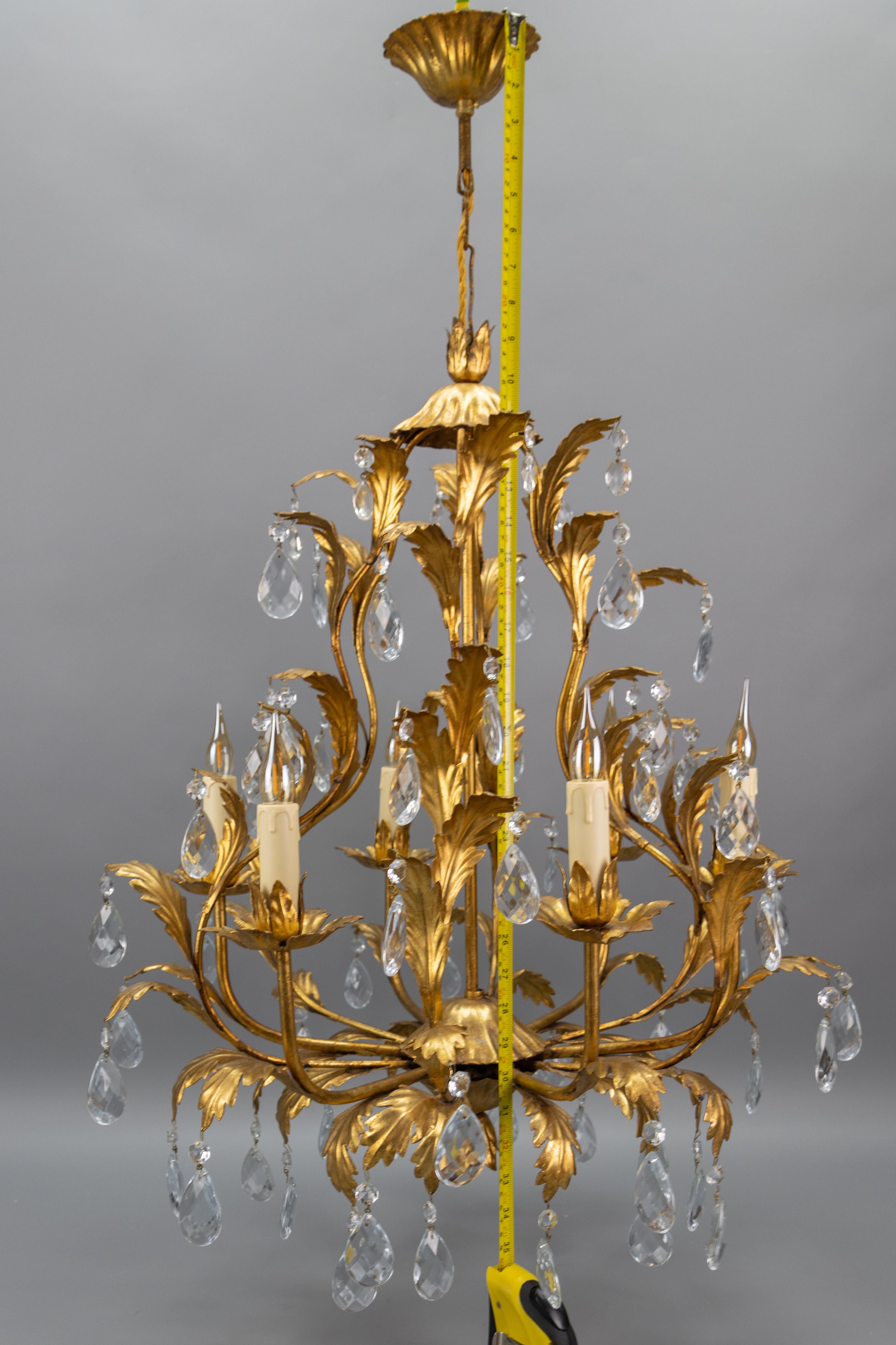 Hollywood Regency Style Gilt Metal and Crystal Glass Six-Light Chandelier, Italy For Sale 14