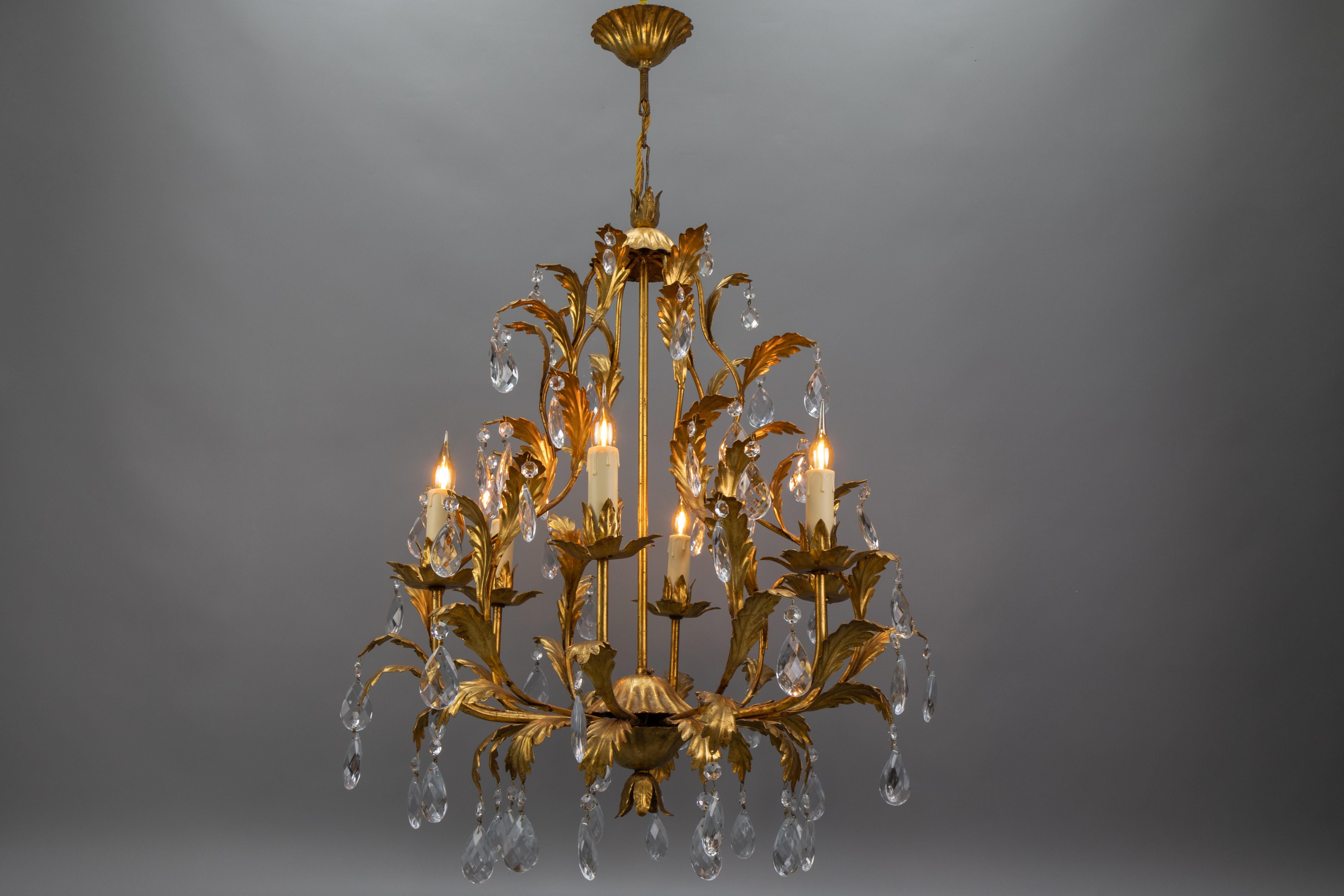 Italian Hollywood Regency Style Gilt Metal and Crystal Glass Six-Light Chandelier, Italy For Sale