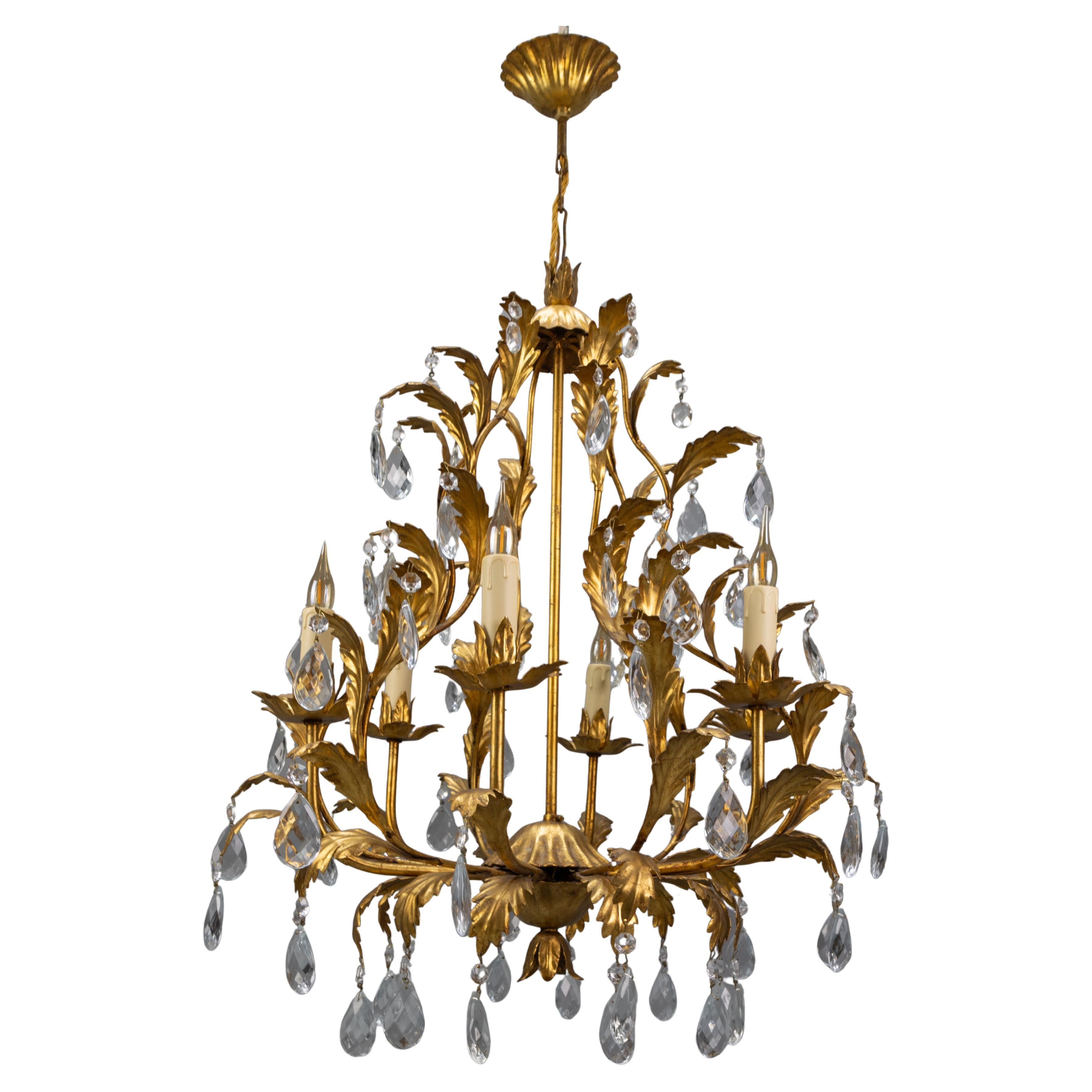 Hollywood Regency Style Gilt Metal and Crystal Glass Six-Light Chandelier, Italy For Sale