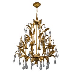 Hollywood Regency Style Gilt Metal and Crystal Glass Six-Light Chandelier, Italy