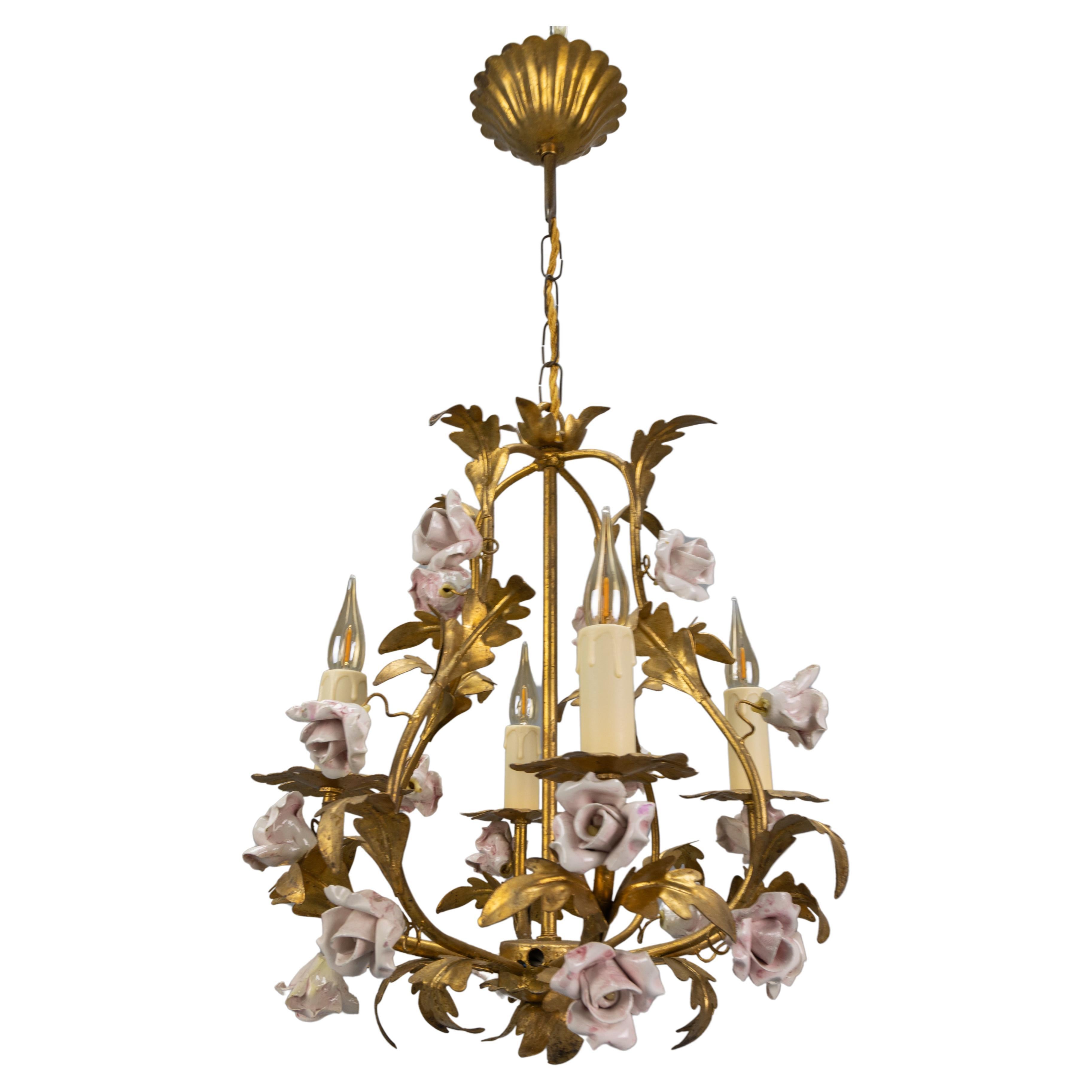 Hollywood Regency Style Gilt Metal and Pink Porcelain Roses Chandelier, Italy