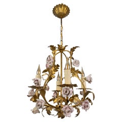 Vintage Hollywood Regency Style Gilt Metal and Pink Porcelain Roses Chandelier, Italy