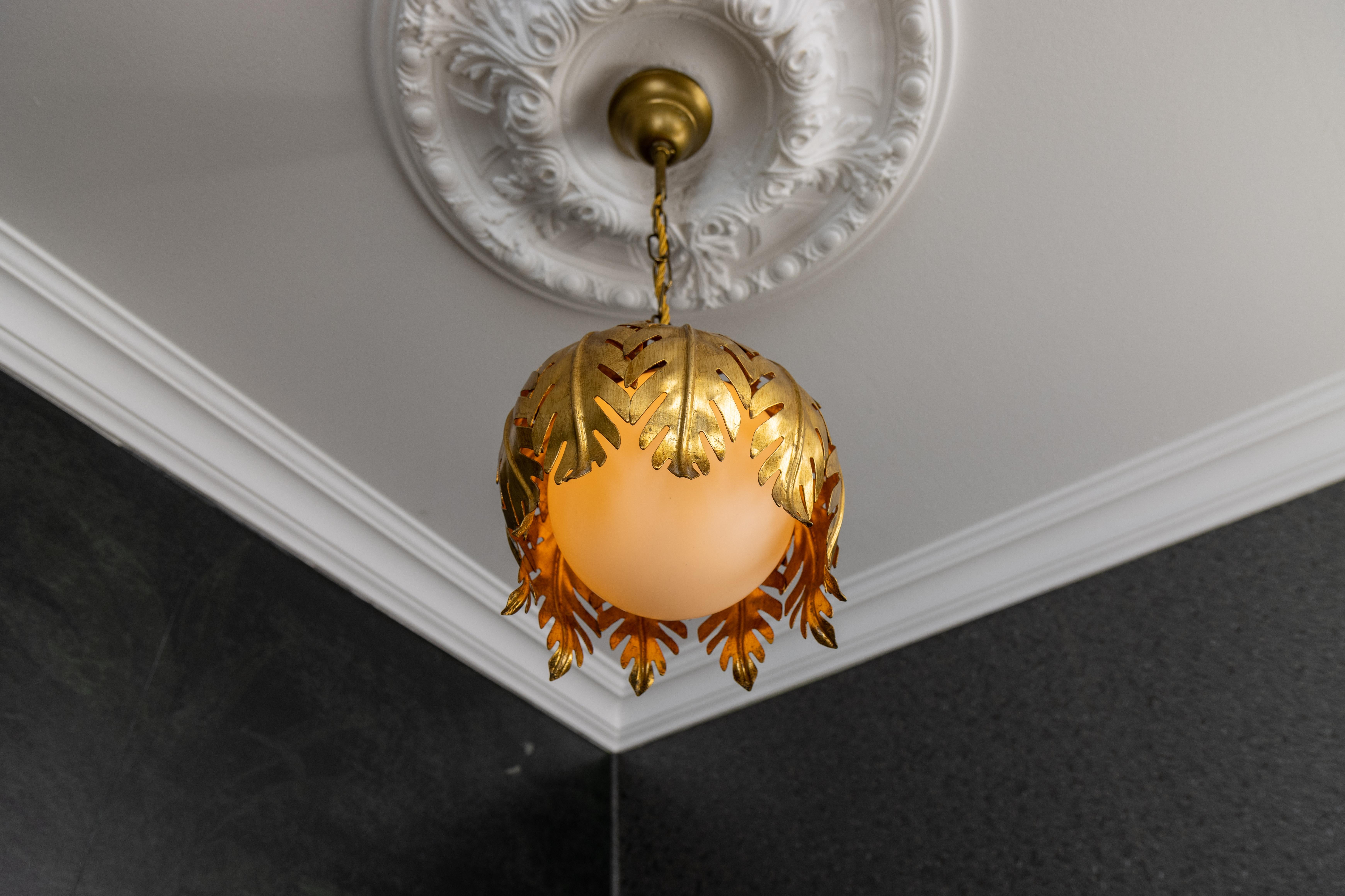 Hollywood Regency Style Gilt Metal and White Glass Floral Leaf Pendant Light For Sale 5