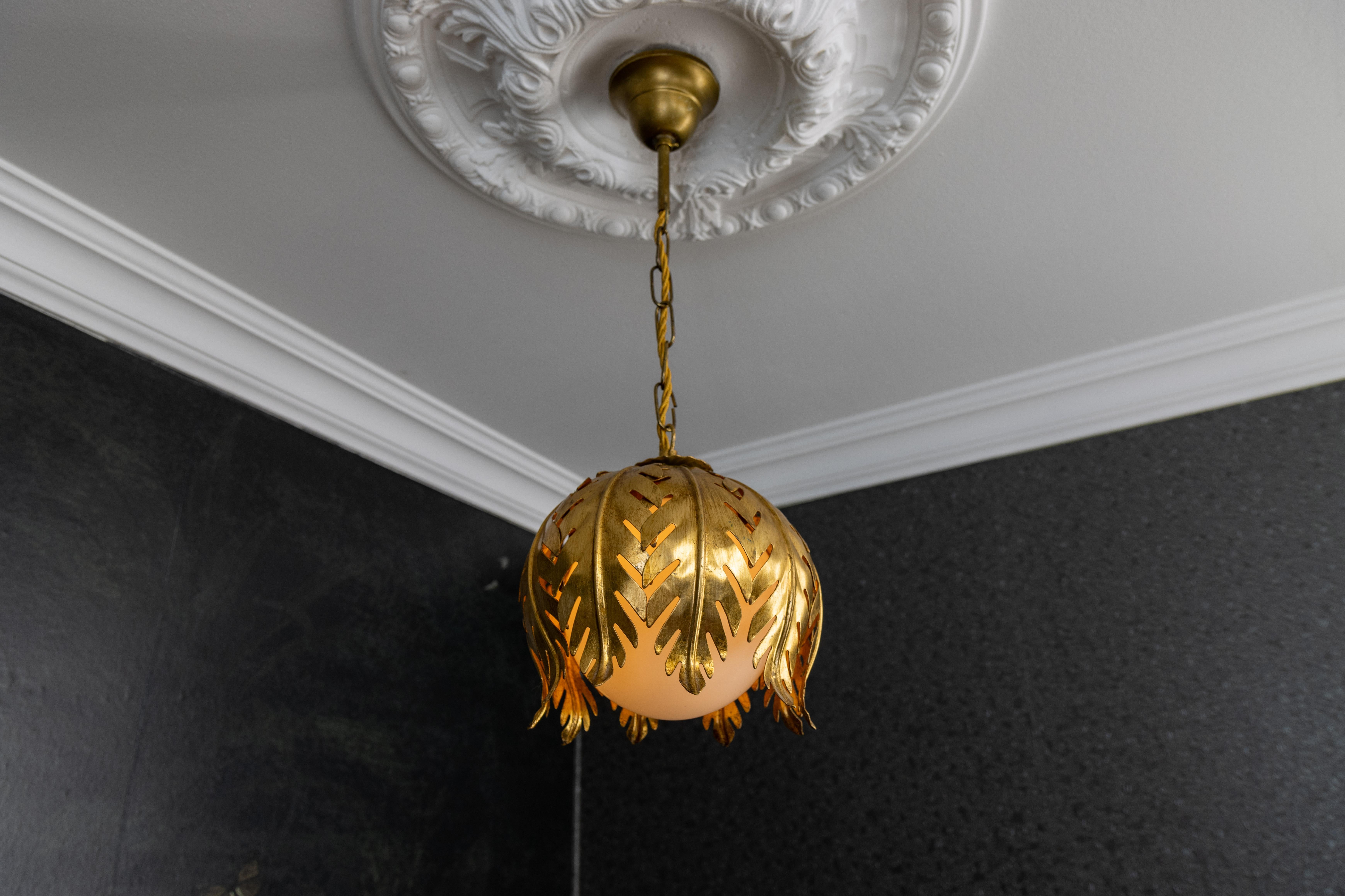 Hollywood Regency Style Gilt Metal and White Glass Floral Leaf Pendant Light For Sale 6