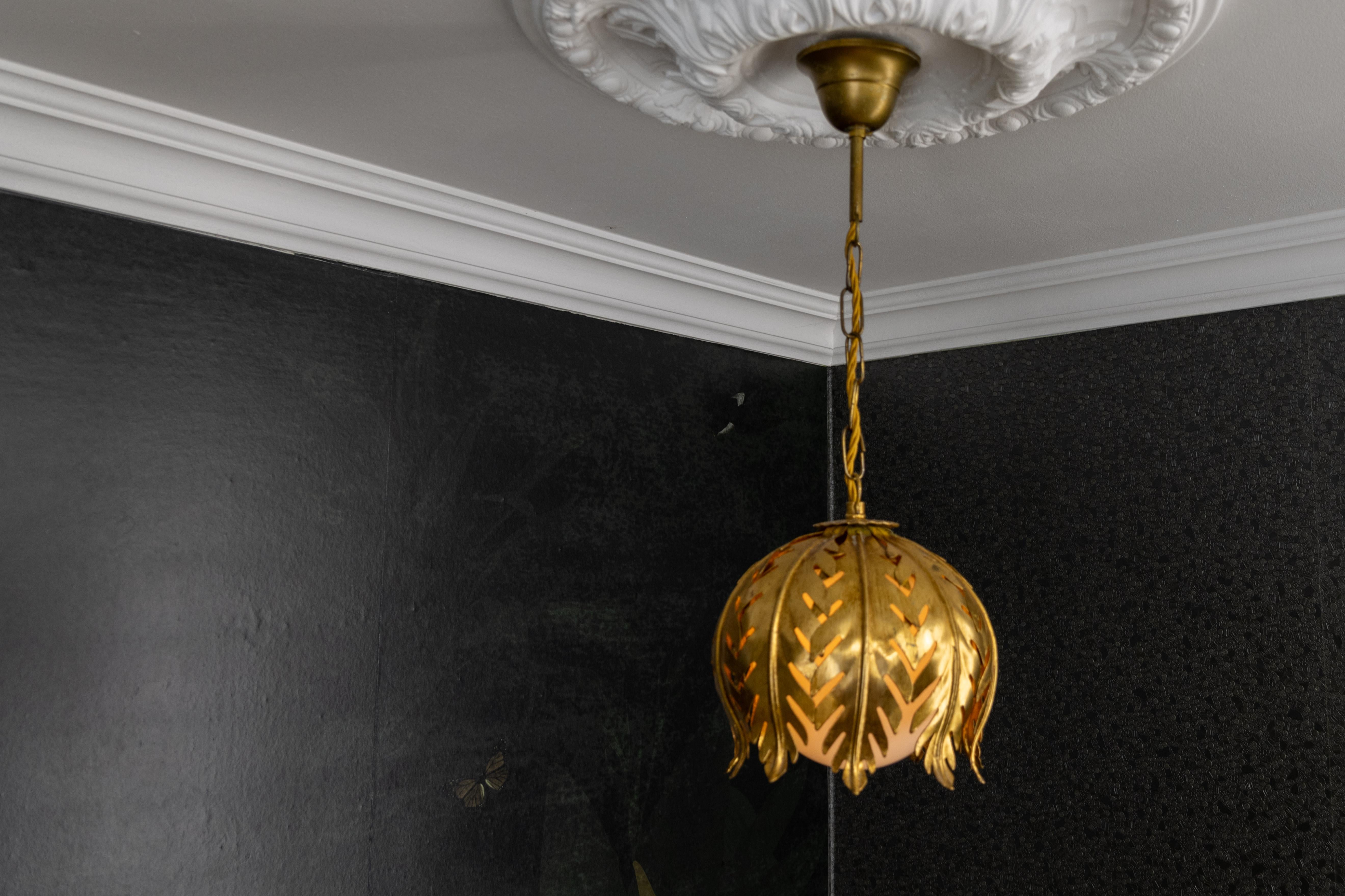Hollywood Regency Style Gilt Metal and White Glass Floral Leaf Pendant Light For Sale 8