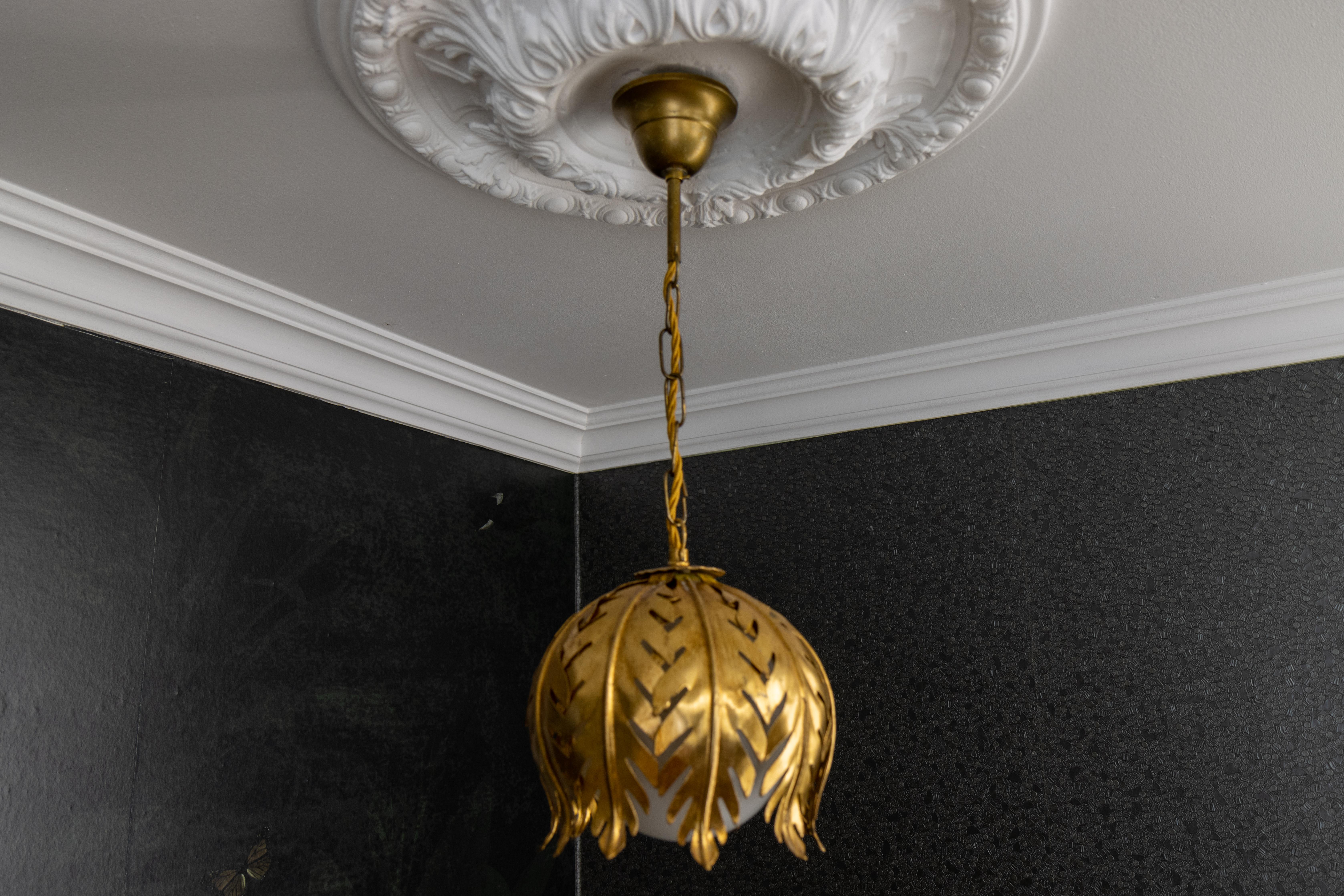 Hollywood Regency Style Gilt Metal and White Glass Floral Leaf Pendant Light For Sale 9