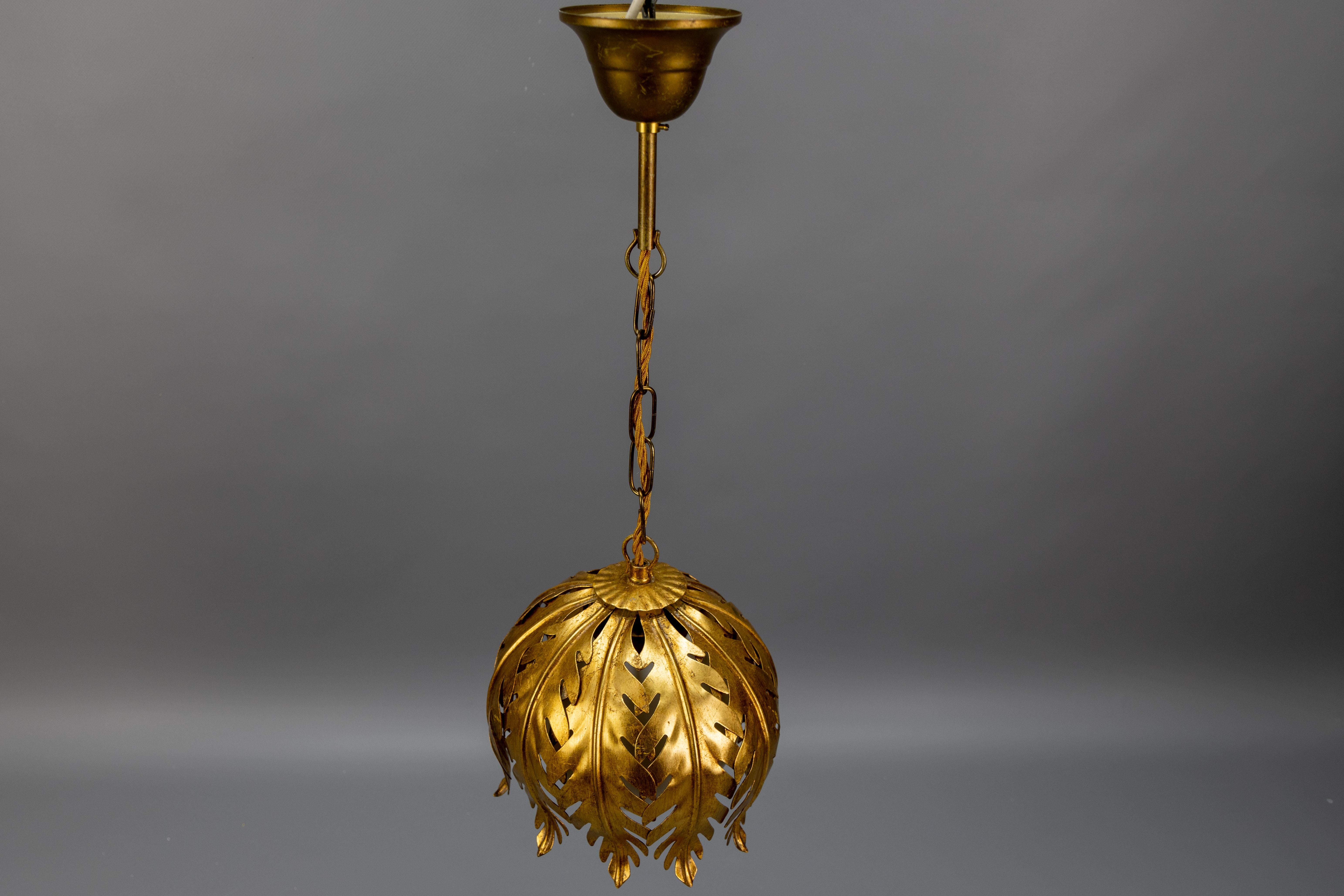 Hollywood Regency Style Gilt Metal and White Glass Floral Leaf Pendant Light For Sale 10
