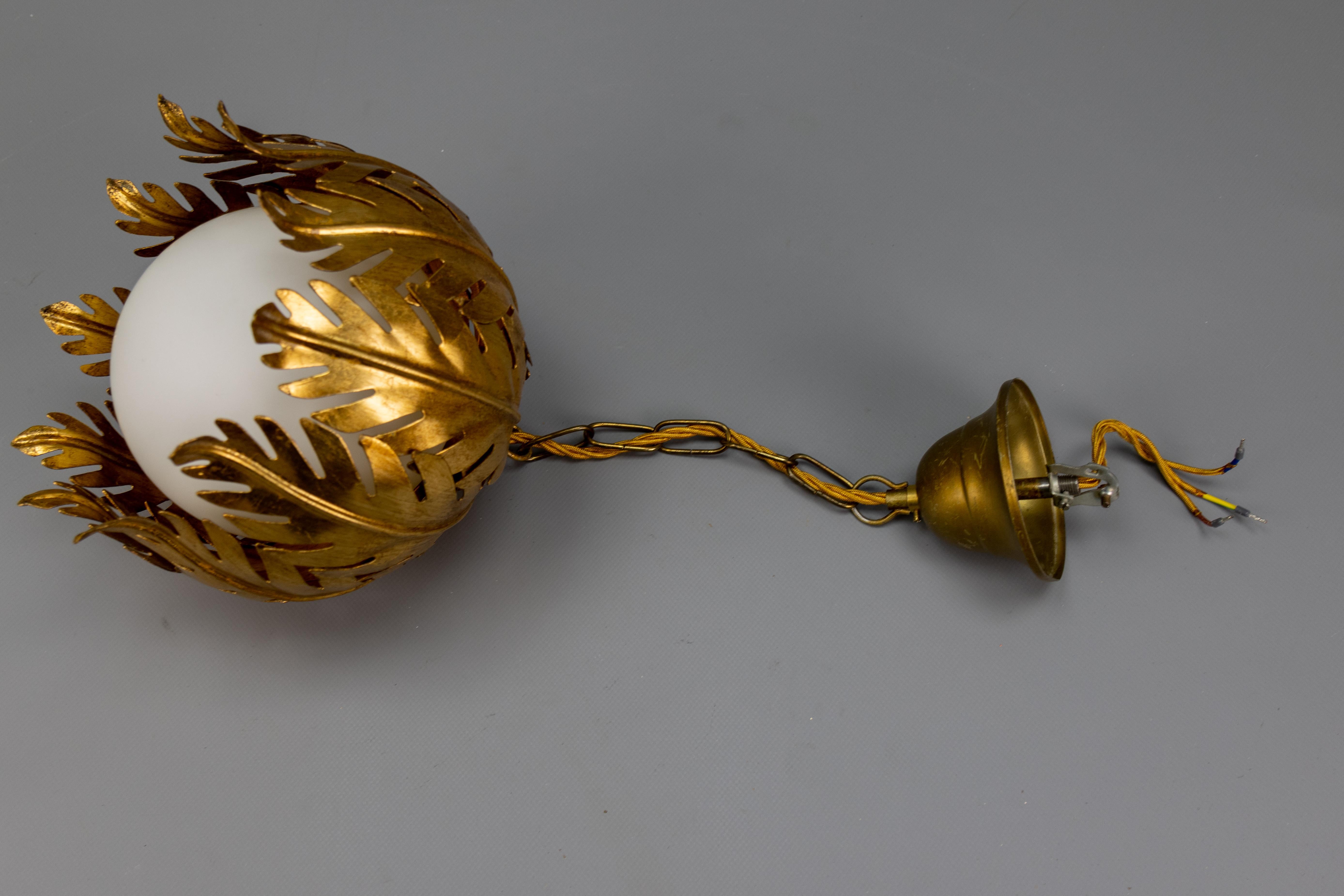 Hollywood Regency Style Gilt Metal and White Glass Floral Leaf Pendant Light For Sale 13