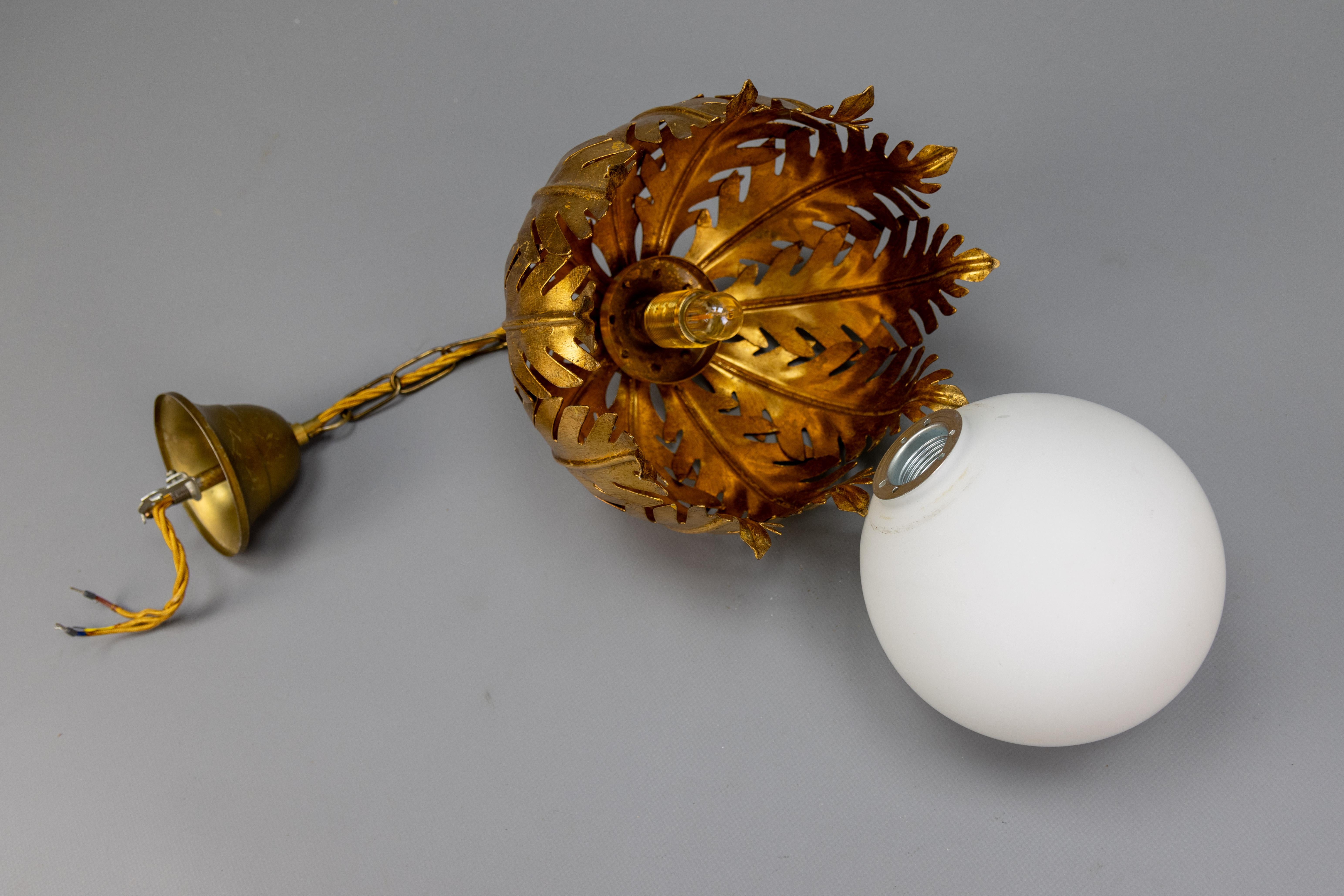 Hollywood Regency Style Gilt Metal and White Glass Floral Leaf Pendant Light For Sale 15