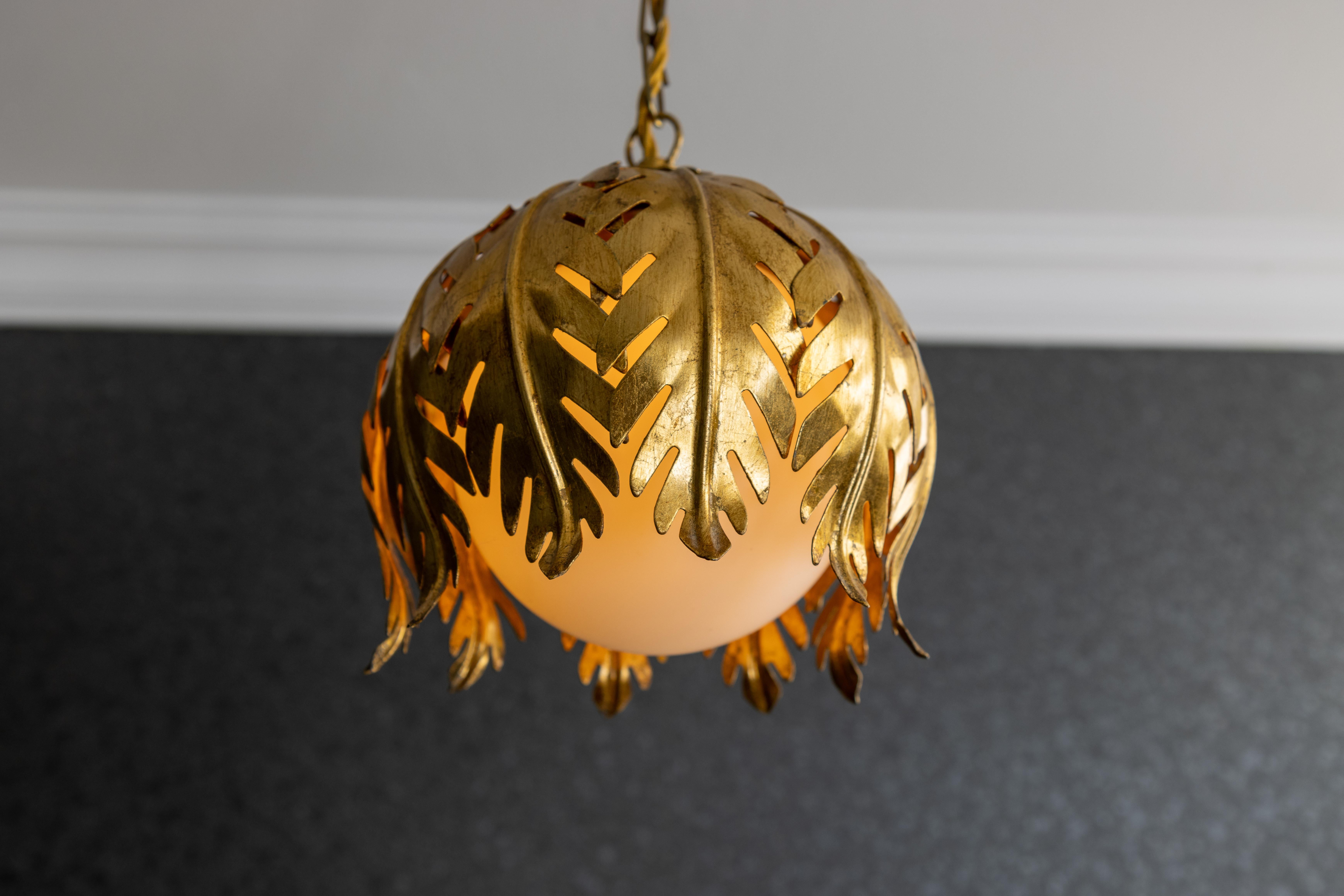 Hollywood Regency Style Gilt Metal and White Glass Floral Leaf Pendant Light For Sale 1