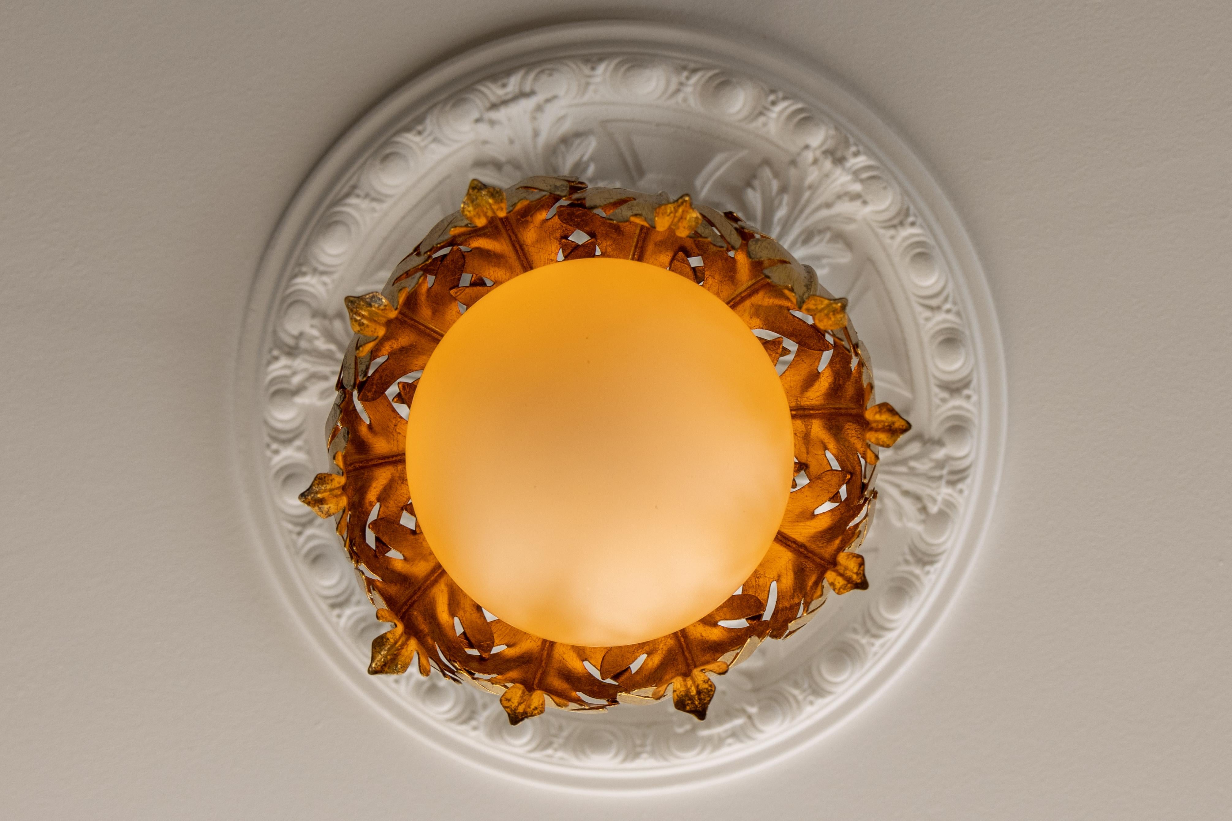 Hollywood Regency Style Gilt Metal and White Glass Floral Leaf Pendant Light For Sale 2