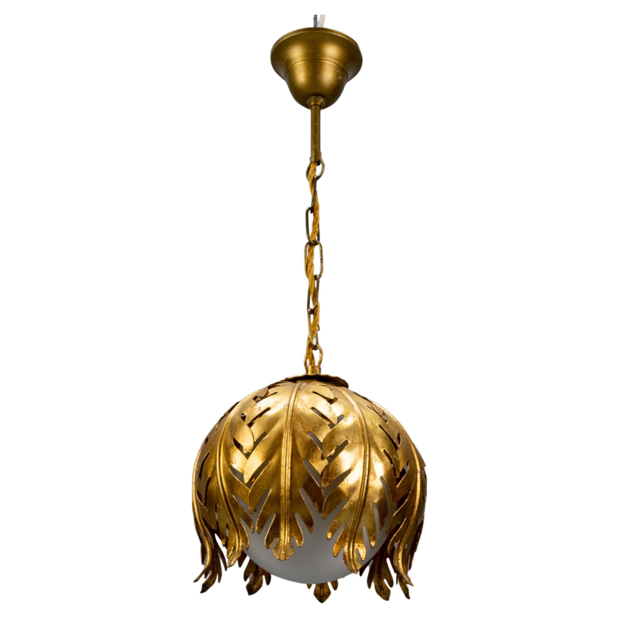 Hollywood Regency Style Gilt Metal and White Glass Floral Leaf Pendant Light For Sale