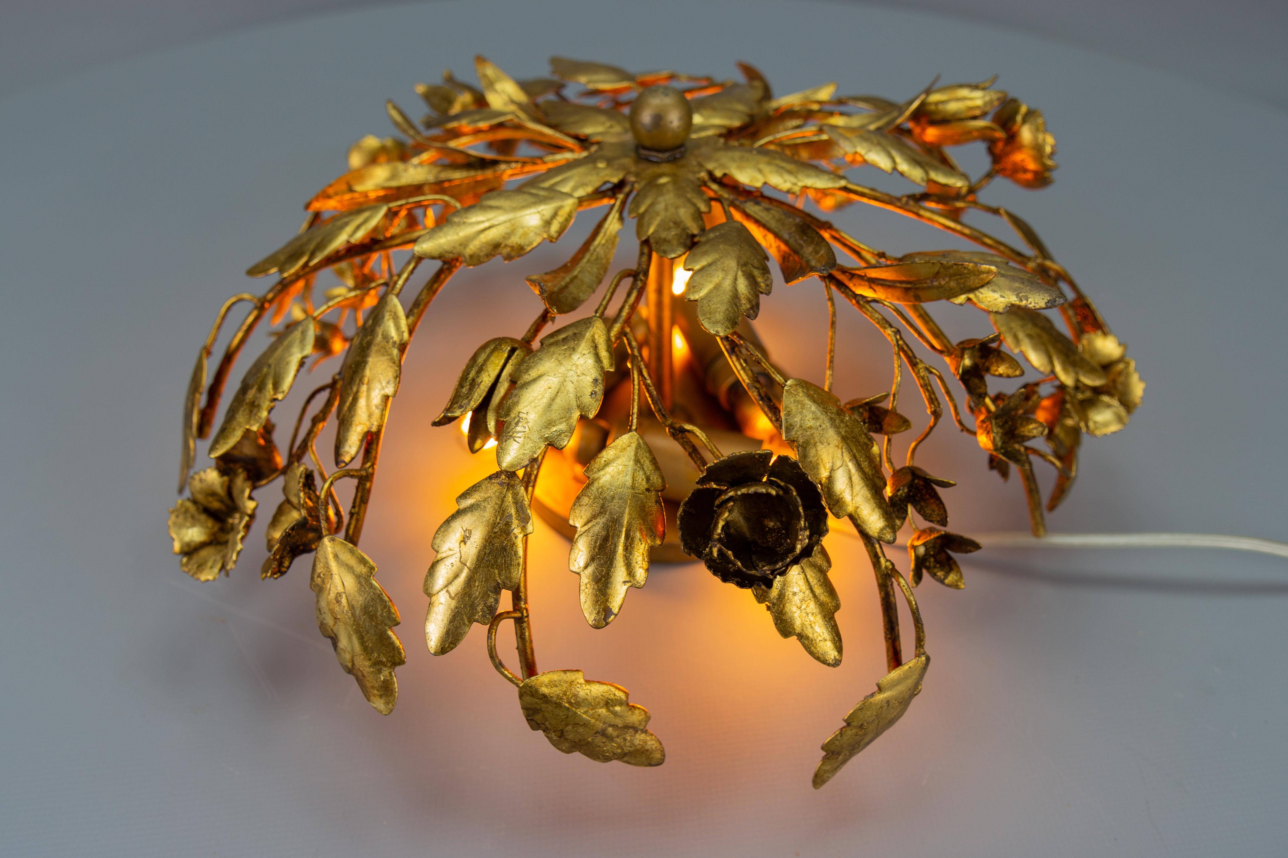 Late 20th Century Hollywood Regency Style Gilt Metal Floral Flush Mount or Ceiling Light, 1970s For Sale