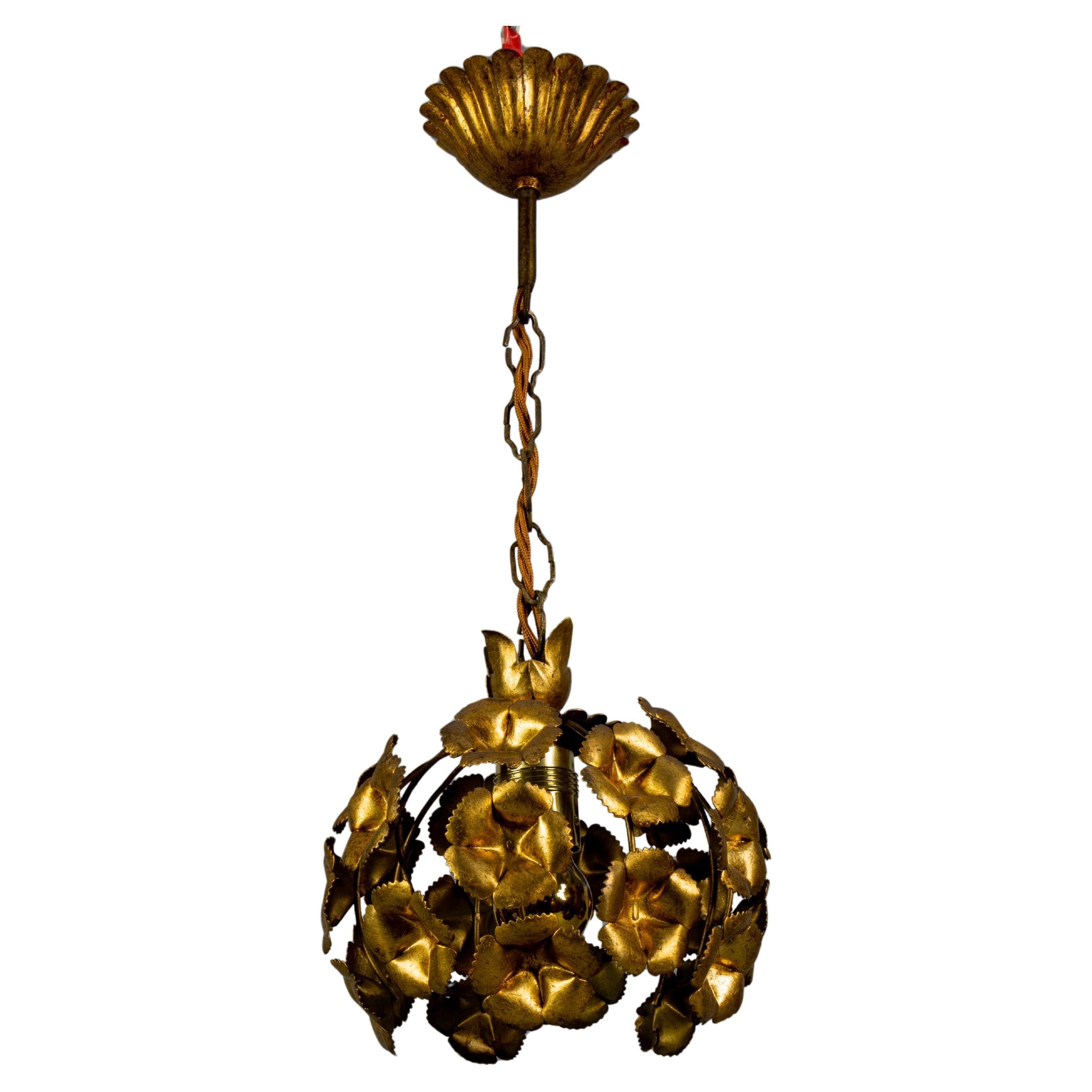 Hollywood Regency Style Gilt Metal Floral Pendant Light, France, 1970s