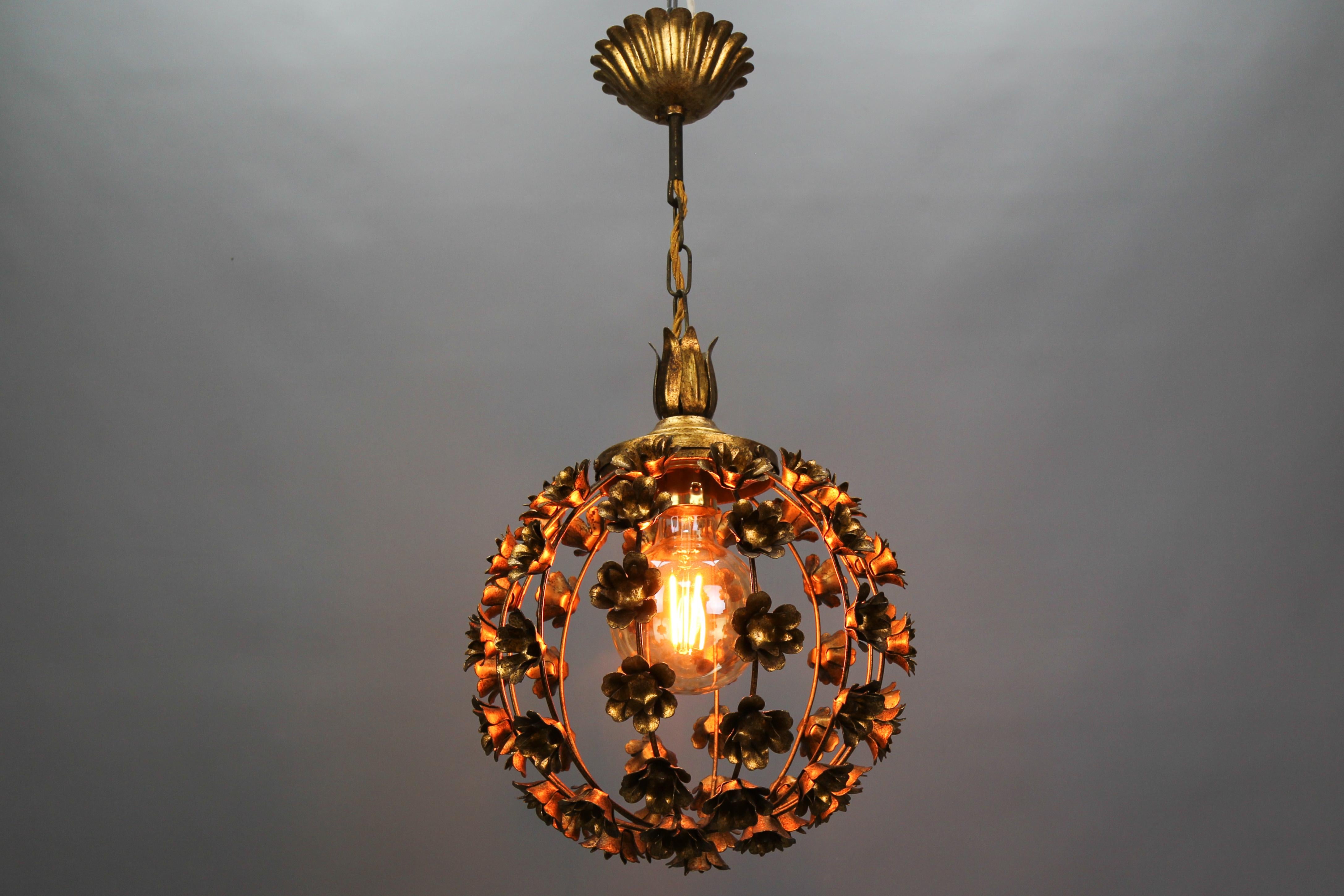 Hollywood Regency Style Gilt Metal Floral Sphere Pendant Light, Italy, 1970s For Sale 8