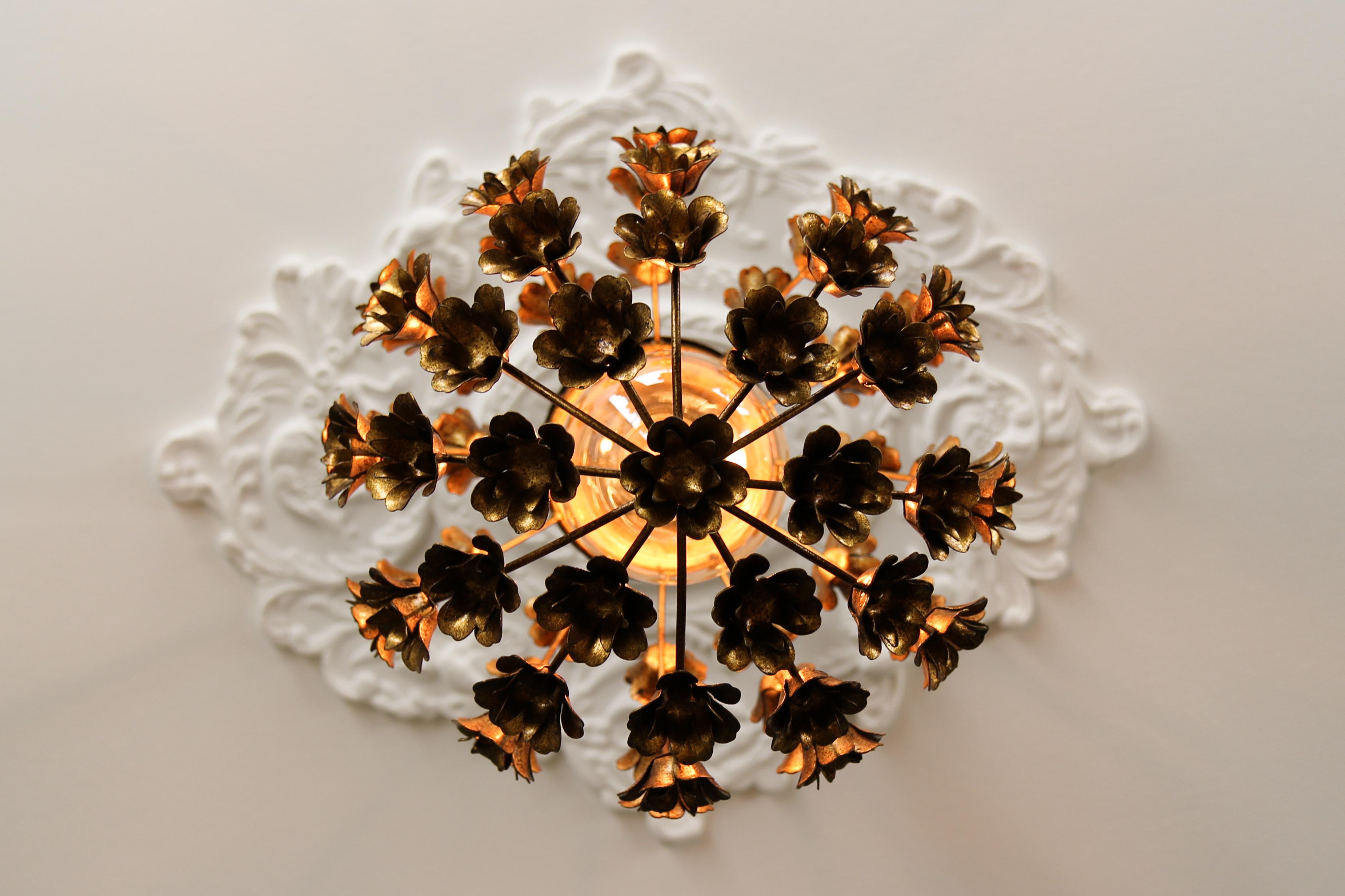 Hollywood Regency Style Gilt Metal Floral Sphere Pendant Light, Italy, 1970s For Sale 2