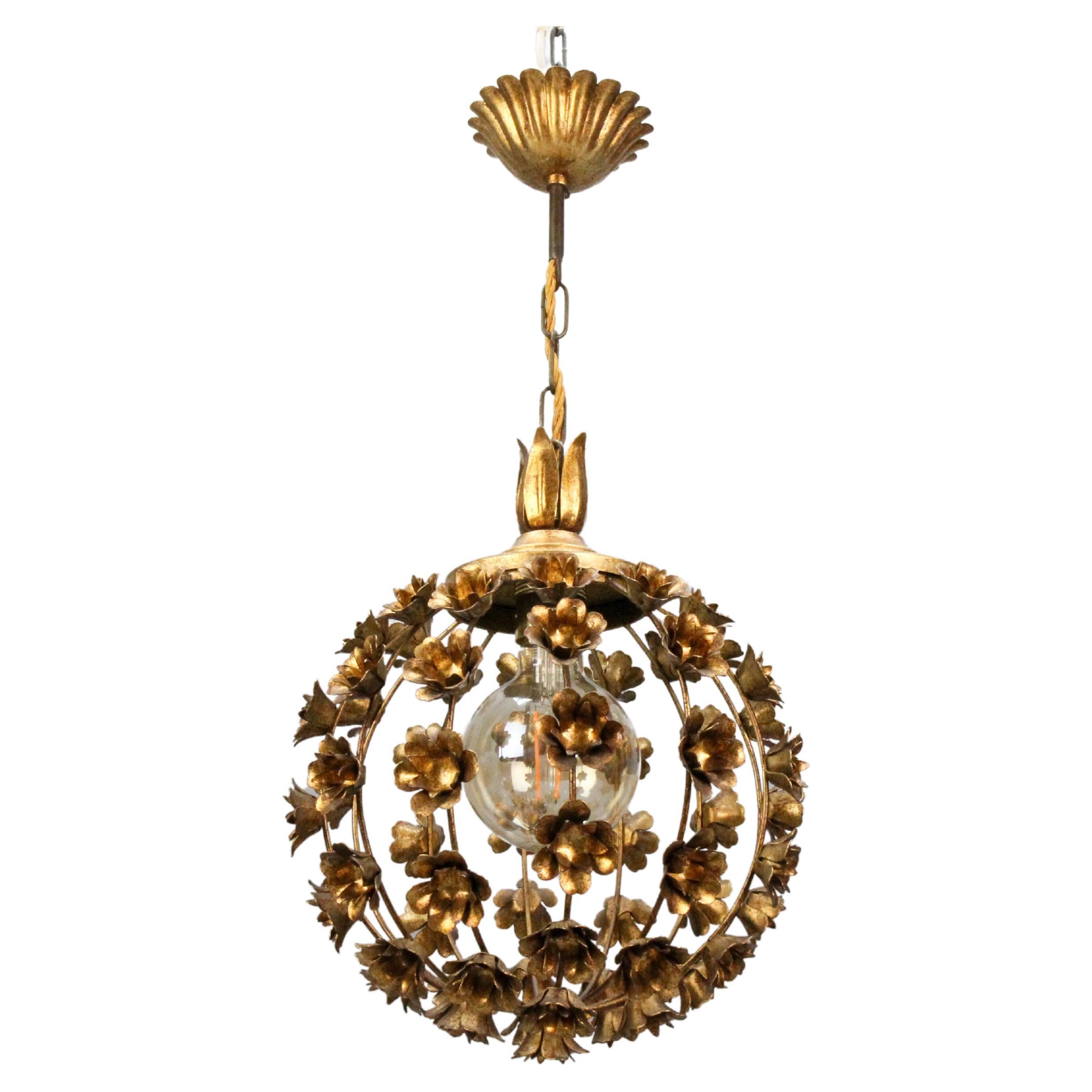 Hollywood Regency Style Gilt Metal Floral Sphere Pendant Light, Italy, 1970s For Sale