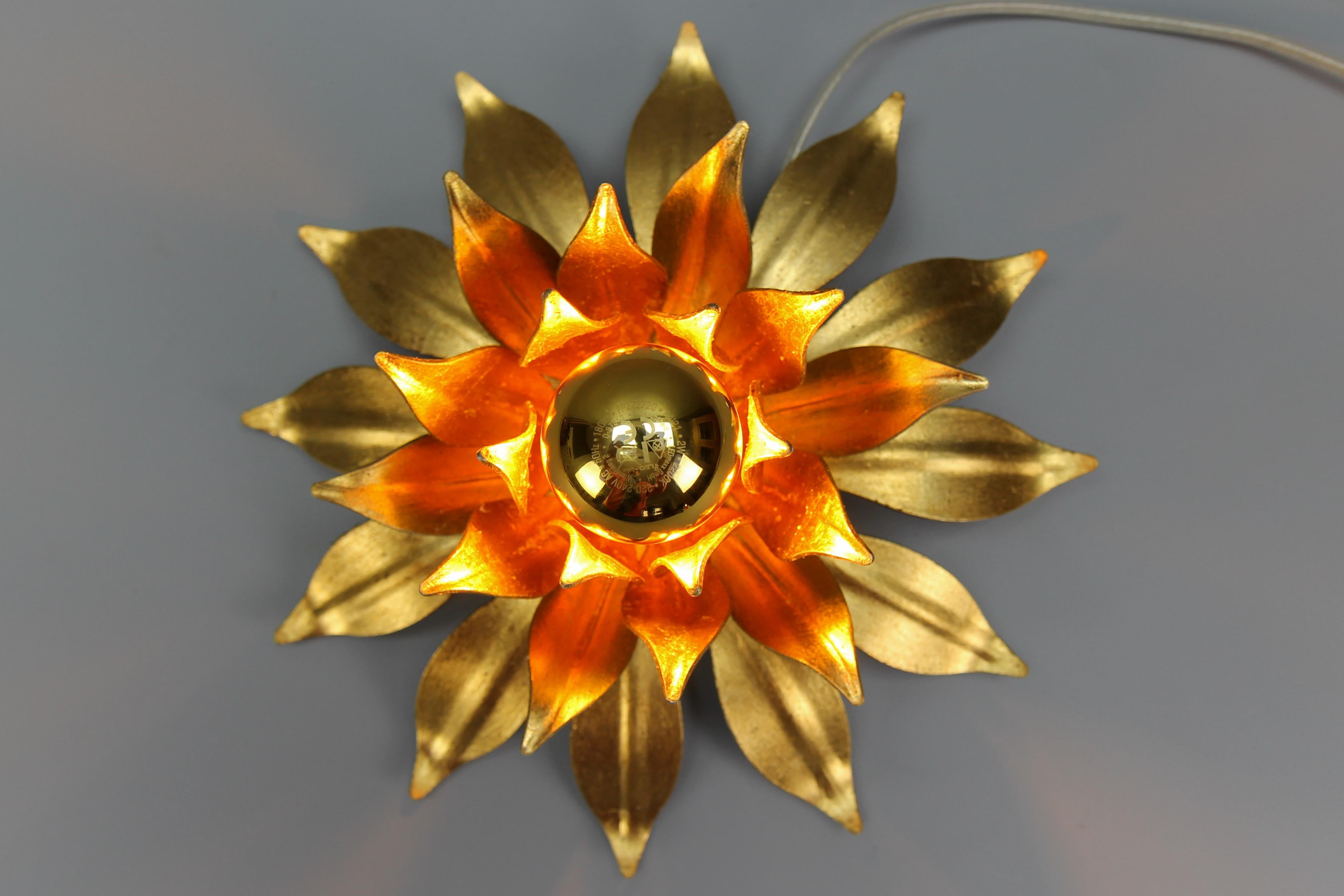 German Hollywood Regency Style Gilt Metal Flower Shaped Flush Mount or Wall Light For Sale