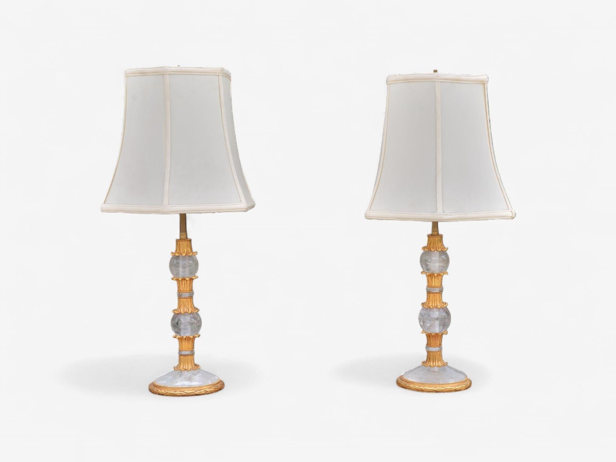 Français Hollywood Regency Style, Gilt Metal, Rock Crystal, Table Lamps, France, 1940s en vente