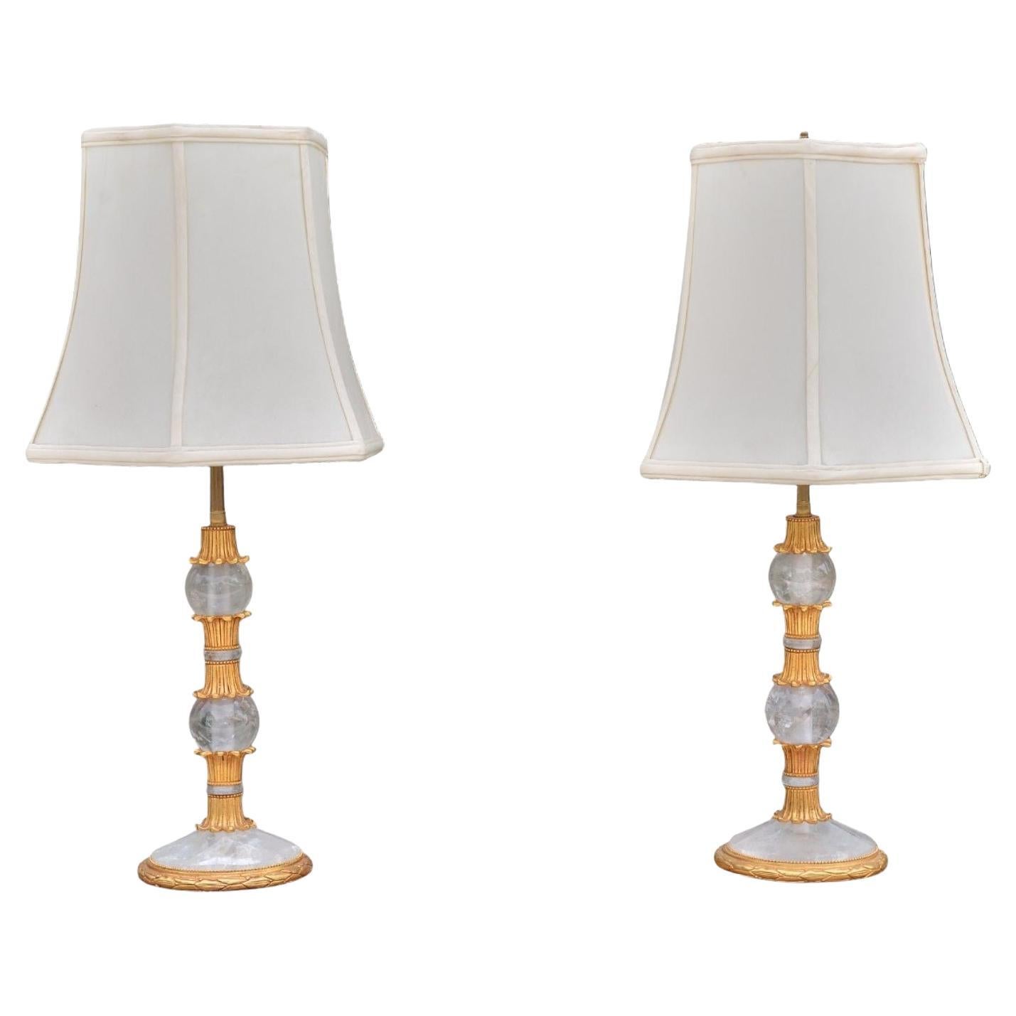 Hollywood Regency Style, Gilt Metal, Rock Crystal, Table Lamps, France, 1940s
